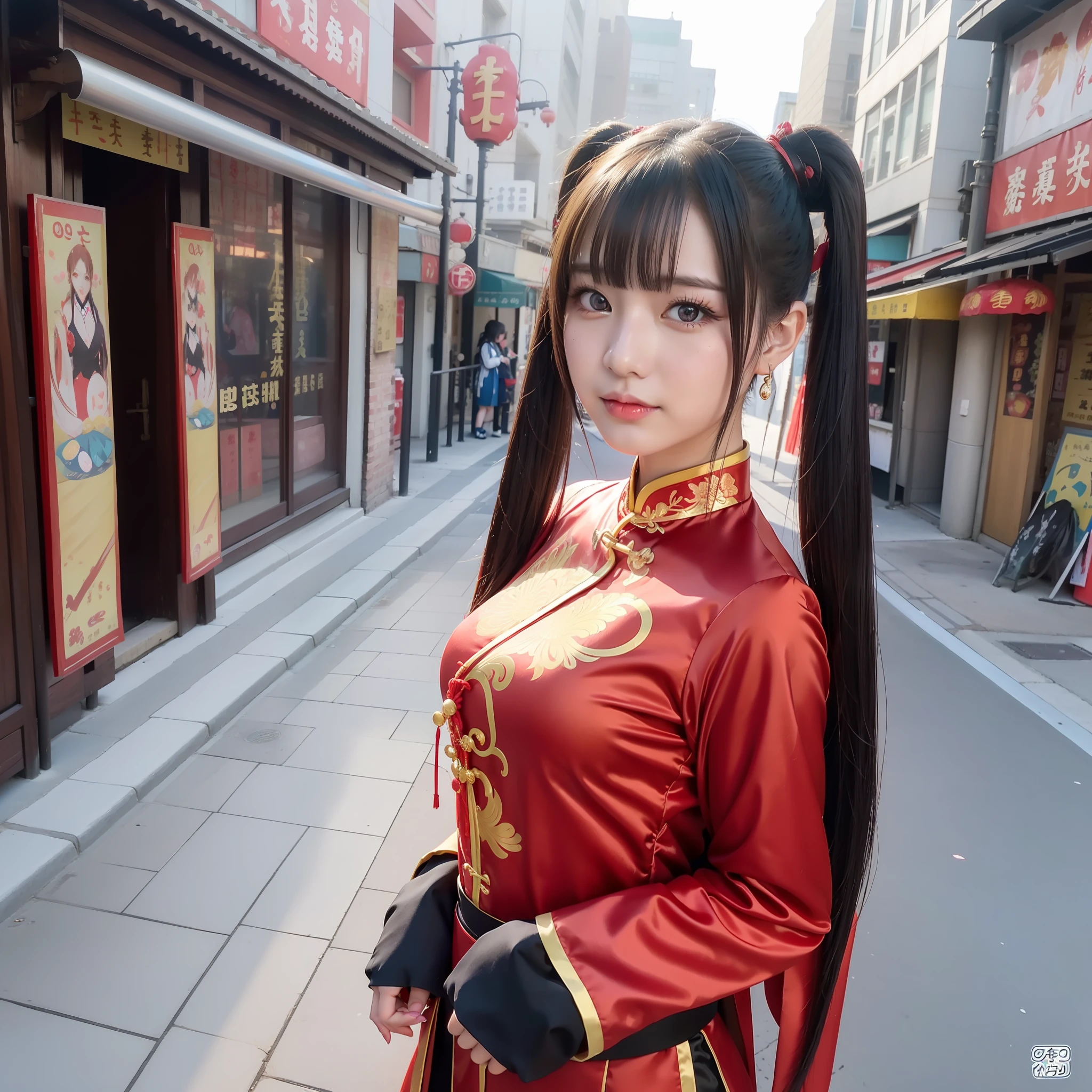 Anime girl in Chinese style costume posing on city street, cheongsam, twin tails, best 4K Konachan wallpaper, (: 1.2), trending on CGSTATION, 4K, trending on art station pixiv, seductive girl, Citao, gwise on pixiv art station, from girls frontline, gravure