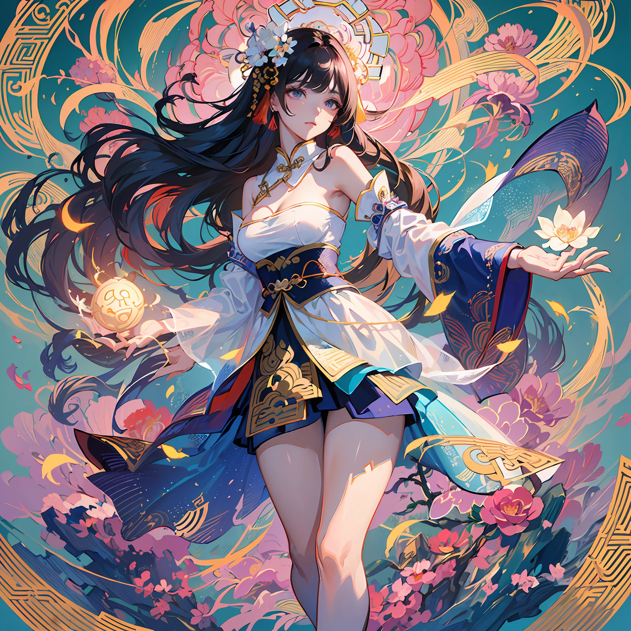 ((High-quality CG, Chinese painting style), (one woman), full body picture, character standing painting, a beautiful fairy dancing in the magnificent sky, beautiful and gorgeous posture, beautiful appearance like a flower, dressed in gorgeous clothes, like the first bloom of snow lotus, eyes shining with happiness, full of light, brilliant magic array surrounding, containing oriental aesthetics, gorgeous fairy clothes, exquisite posture, long hair like a waterfall, white light flashing, dreamy clouds. --auto --s2