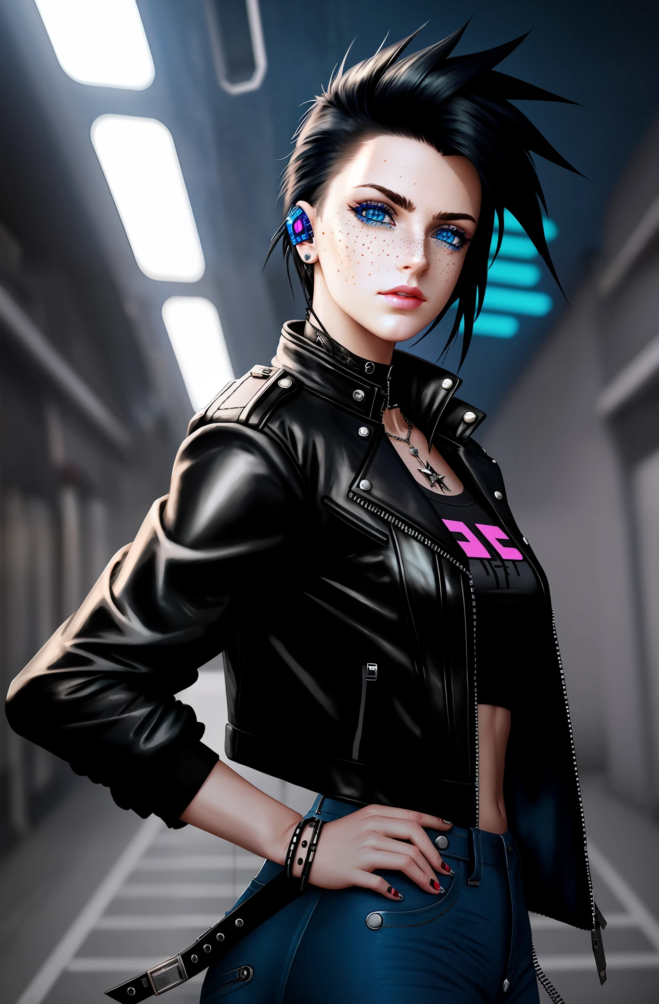 anime - style image of a woman with a leather jacket and jeans, jet black hair cyberpunk girl, cyberpunk anime girl, female cyberpunk anime girl, modern cyberpunk anime, digital cyberpunk anime art, urban girl fanart, diesel punk woman, mirror edge art style, anime cyberpunk art, digital cyberpunk - anime art, mechanical punk costume, cyberpunk Judy Alvarez, 3D anime style, blue eyes, (((freckles on the nose)))