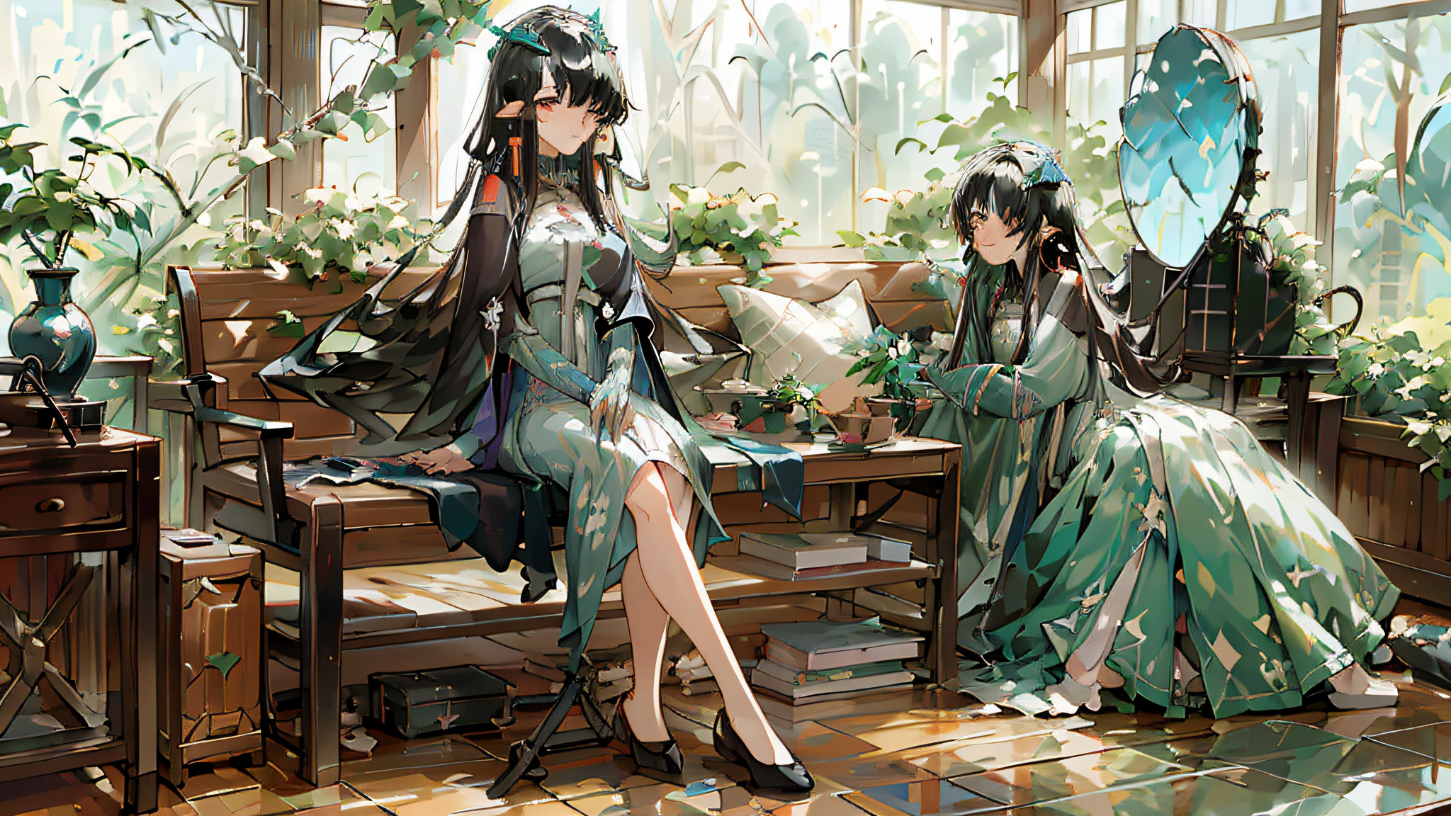 Anime girl sitting on bench in room with window, from Arknights, Kawacy, Guweiz on Pixiv art station, girl front style, digital art on Pixiv, fine details. , anime art wallpaper 8 K, anime style 4 K, beautiful anime artwork, Guvez style artwork white skin, straight long hair, clear big eyes, well-defined little cheeks, confident and playful smile. (masterpiece, best quality), (fingers five clear: 1.2), high contrast, high gloss, saturated shadows, at the same time noticeable and soft, low blur, clear details. (clear background + high image quality + best art style), soft sunshine, warm atmosphere, , dress, refreshing retro style, slight resort atmosphere