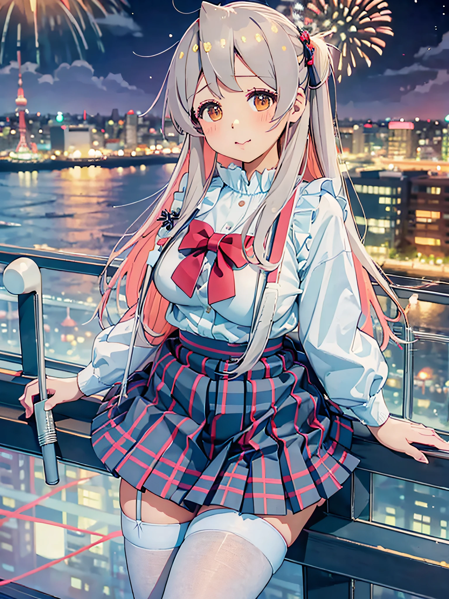 top quality, girl, sailor suit, white sailor color, pleated skirt with plaid pattern, petticoat, knee-high socks, thin pantyhose, (huge breasts: 1.5), cute hairstyle, tokyo bay, from the top of the sightseeing boat, night view, fireworks, sexual expression, panty shot