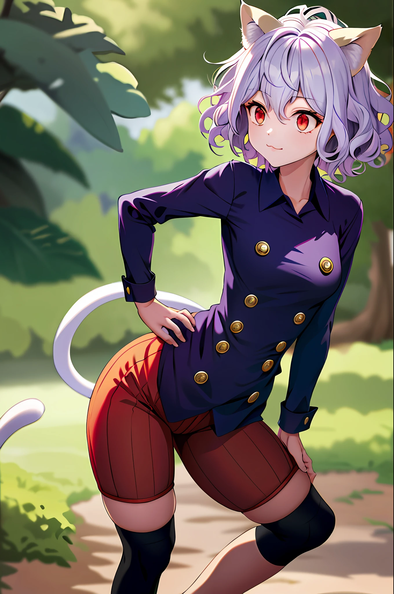 masterpiece, best quality, highres, neferpitou1, cat ears, (cat tail:0.6), solo, short hair, red eyes, long sleeves, hair between eyes, :3, curly hair, striped, cat girl, buttons, striped shorts, town, leaning forward, hand on hip,