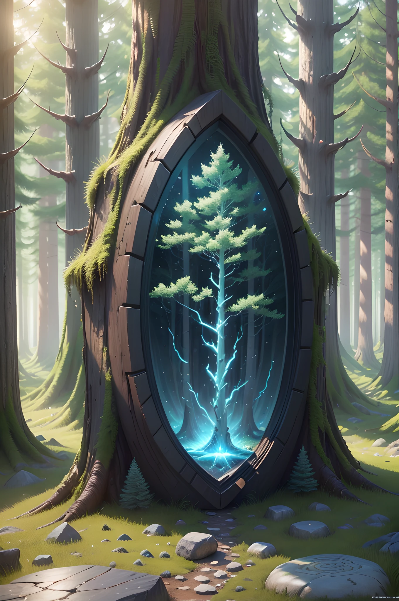 ((A wonderful pattern engraved on a tan black stone standing in the middle of a beautiful forest, a mysterious and huge tan stone with a sign is in a beautiful forest. )), beautiful forest atmosphere, grass decorations, fantasy forest, sparkling forest, engraved stone . Fantastic rendering, ((realistic lighting, highest quality, 8k, masterpiece: 1.3)), fantasy forest, in a forest with no people, calmly illuminating the sunlight, serene, dreamy, game graphics, fantastic rendering, calm, aesthetic, Aesthetics, ((Abstract)), High Octane 8k Rendering, Highly Detailed, Realistic, Super Realistic, High Quality, Best, Super Detail, Insane Detail, Very Detailed, Photorealistic, Epic Composition, Best Quality, 32k  -- v6 --auto --s2