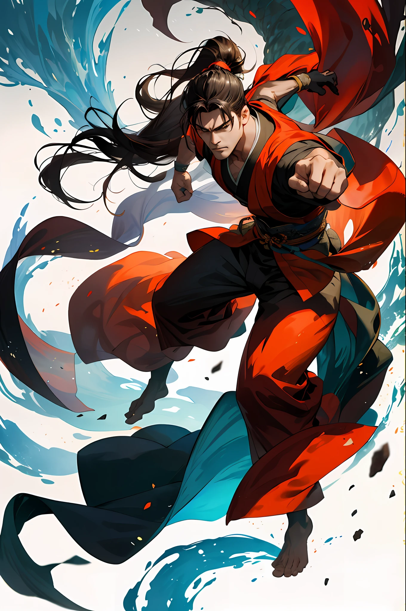 (Absurd, intricate details, masterpiece, best quality, high resolution, 8k), 1 male, mature, handsome, tall muscular man, broad shoulders, ponytail hair, dark brown eyes, fine eyes and detailed face, behind him is a huge water element, (style swirl magic: 0.7), (full body: 0.6), (Chinese fantasy theme: 1.1), hair fluttering in the wind, martial artist, dynamic pose, combat stance, clenched fists, fingerless gloves, wristbands, dragon-themed costumes, monk robes, Bamboo forest in background, rotating floating particles, dynamic composition, mysterious oriental medieval atmosphere, depth of field, visual effects.