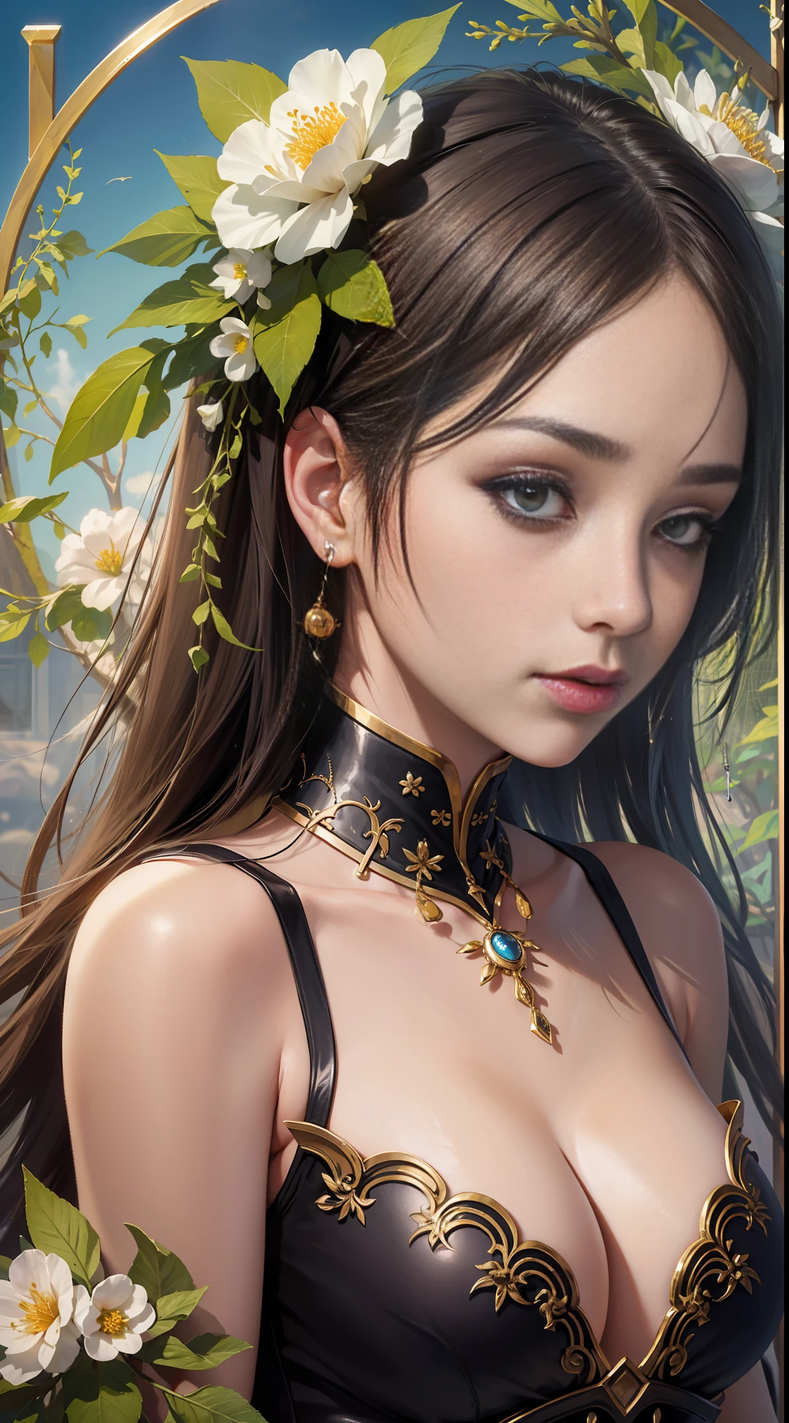 nsfw,(Masterpiece:1.2, high quality), (pixiv:1.4),Eyebrows like willow leaves, ,The face is as beautiful as a flower, the eyes are tender. Small waist, big breasts, revealing cleavage; Lips slightly open, seductive expression.