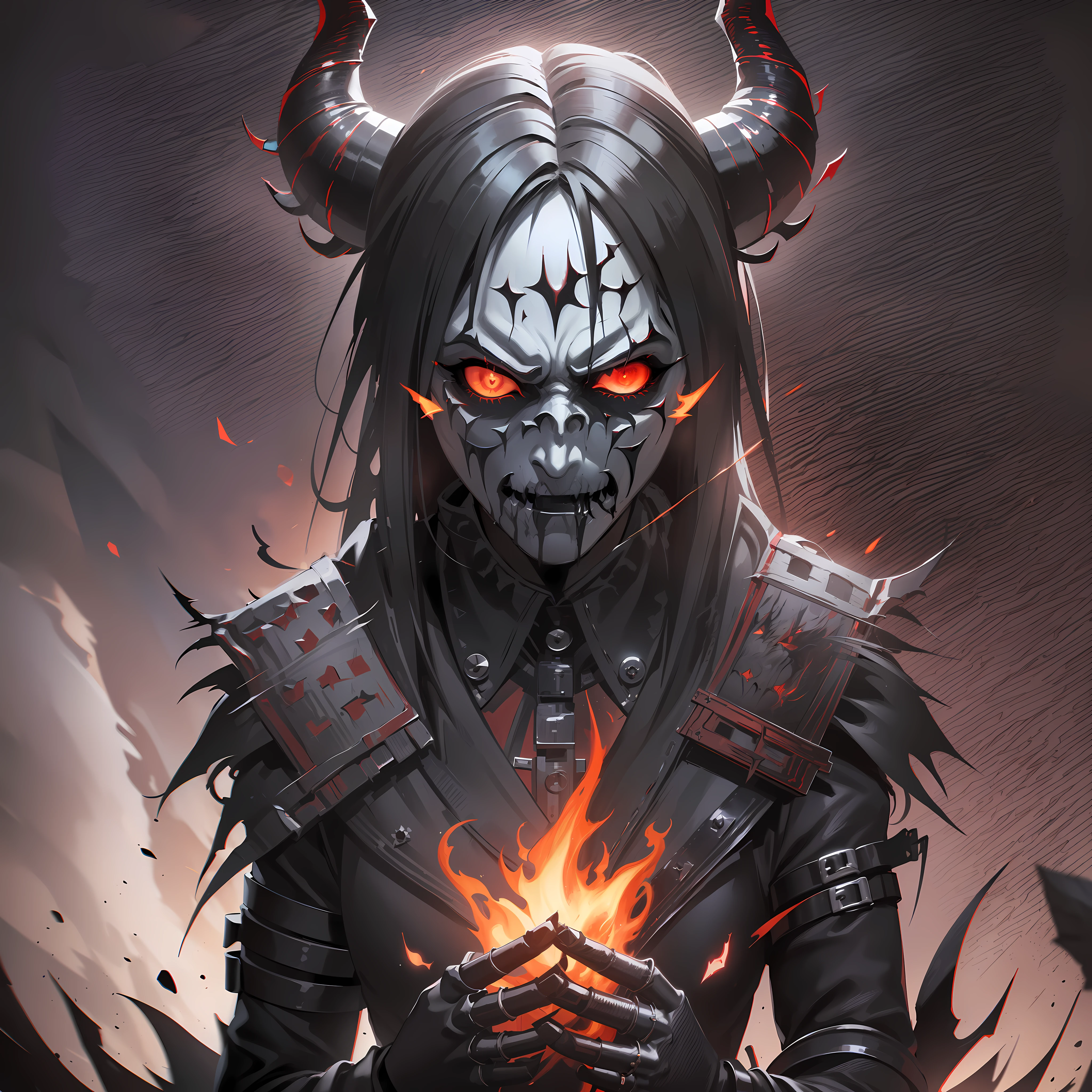 (extremely detailed CG unity 8k wallpaper, best quality),(emphasize the edginess, dark atmosphere),Joey Jordison mask, metal-inspired, black background, (devilish flames:1.2), red eyes, (crimson+black makeup, devil horns), intense expression, (vibrant smoke:0.8+shadowy mist:1.2), dramatic lighting, cinematic shot.