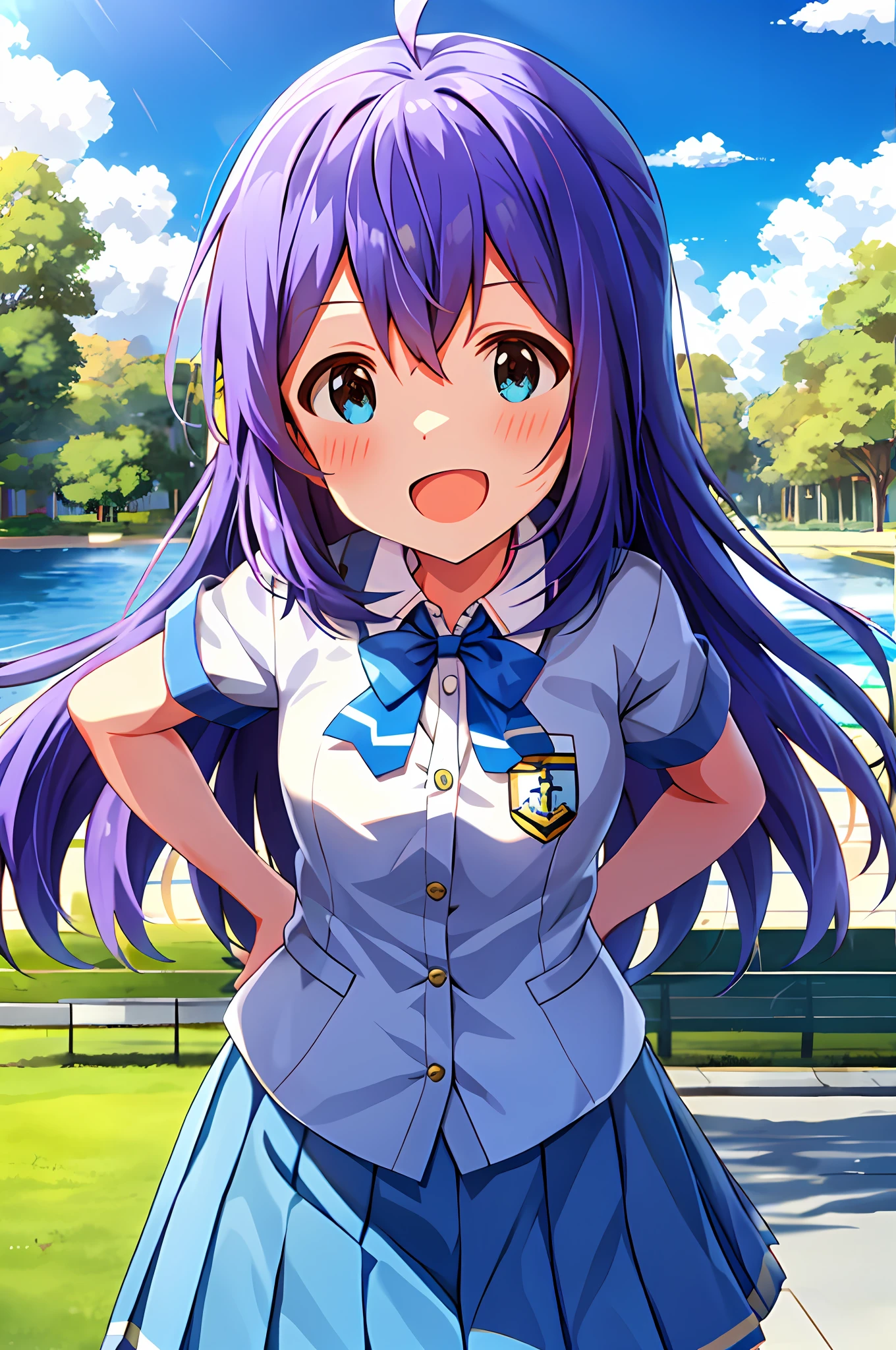 Anna Mochizuki (Million Live), Shiny Trinity \ (Costume), (Best Quality, 8K, Masterpiece, Super Detail: 1.2), Sea, Sun, Dappled Sunlight, Blue Sky, Beautiful Clouds, 1 Girl, Solo, Skirt, Open Mouth, V, View Viewer, White Sailor Color, Blue Shirt, Sailor Color, Blue Skirt, Pleated Skirt, Short Sleeve, :d, Shirt, School Uniform, Blush, Serafuk, Clavicle, BowPut your hands on your hips, stretch your chest, clench your fists.