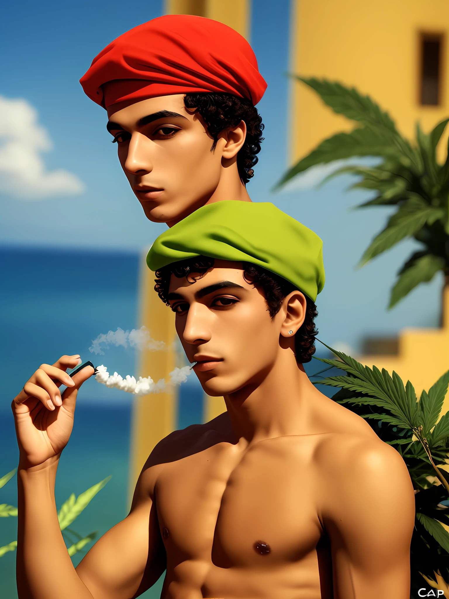 Carioca boy in cap smoking marijuana