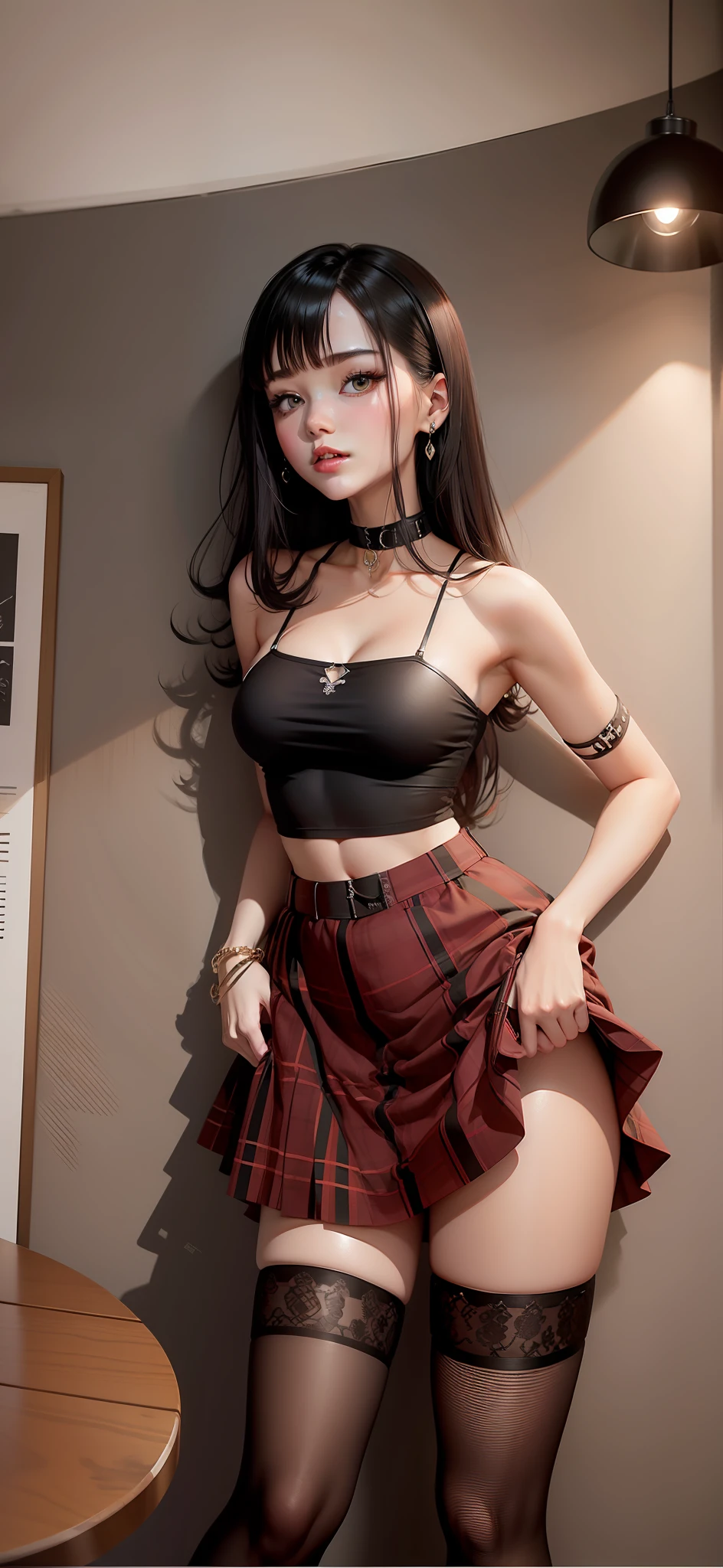 Plaid skirt, black choker