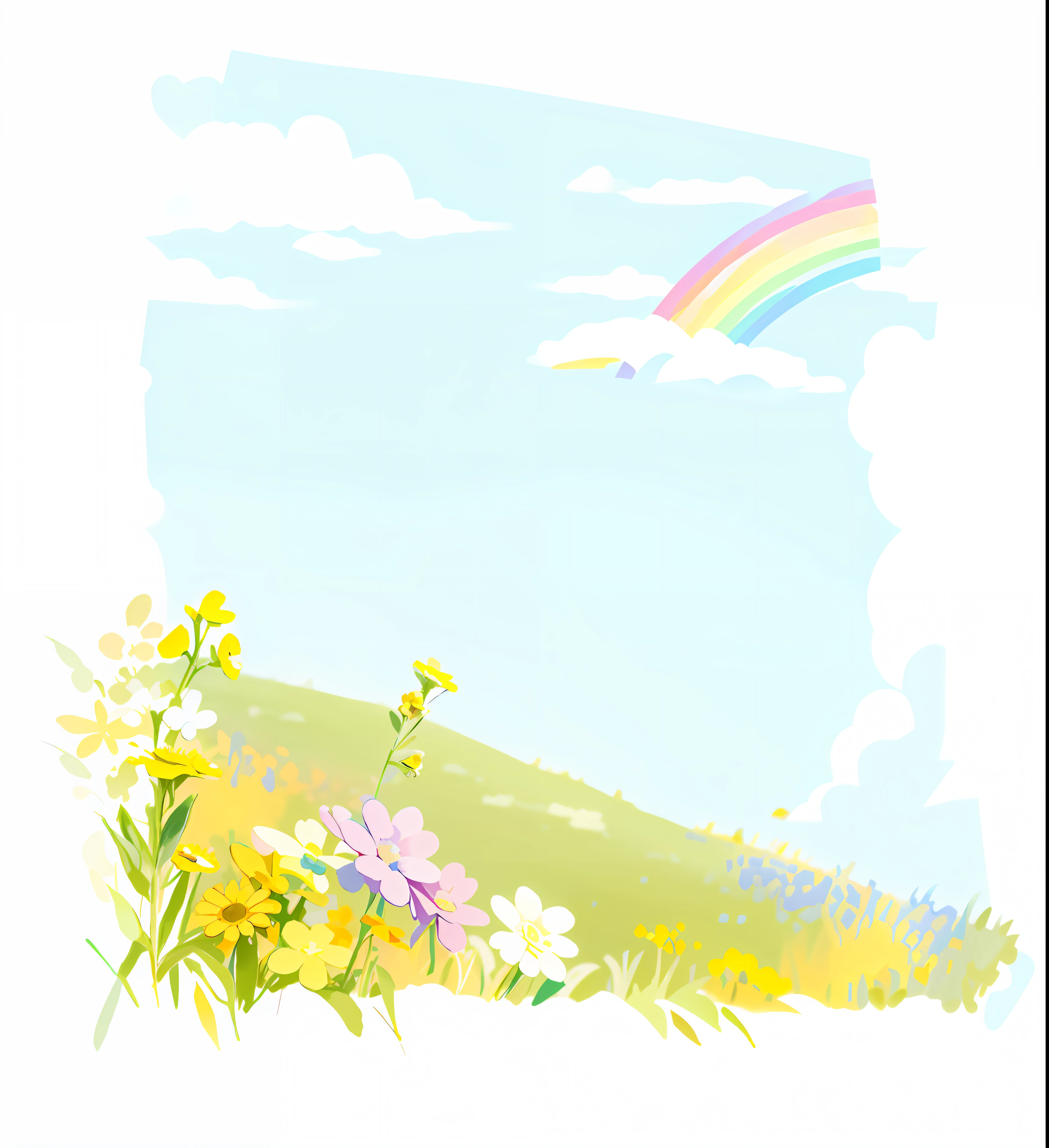 There is a rainbow picture of rainbow over the field, rainbow BG, blurry and dreamy illustration, colorful sketch, blurry and dreamy illustration, pastel rainbow, meadow in background, bright landscape, rainbow in the sky, field background, pastel simple art, rainbow, blue sky, painted with Microsoft paint, bubbling landscape, on a sunny day, HD, clear, correct, in front of small yellow flowers behind meadows and bright sky