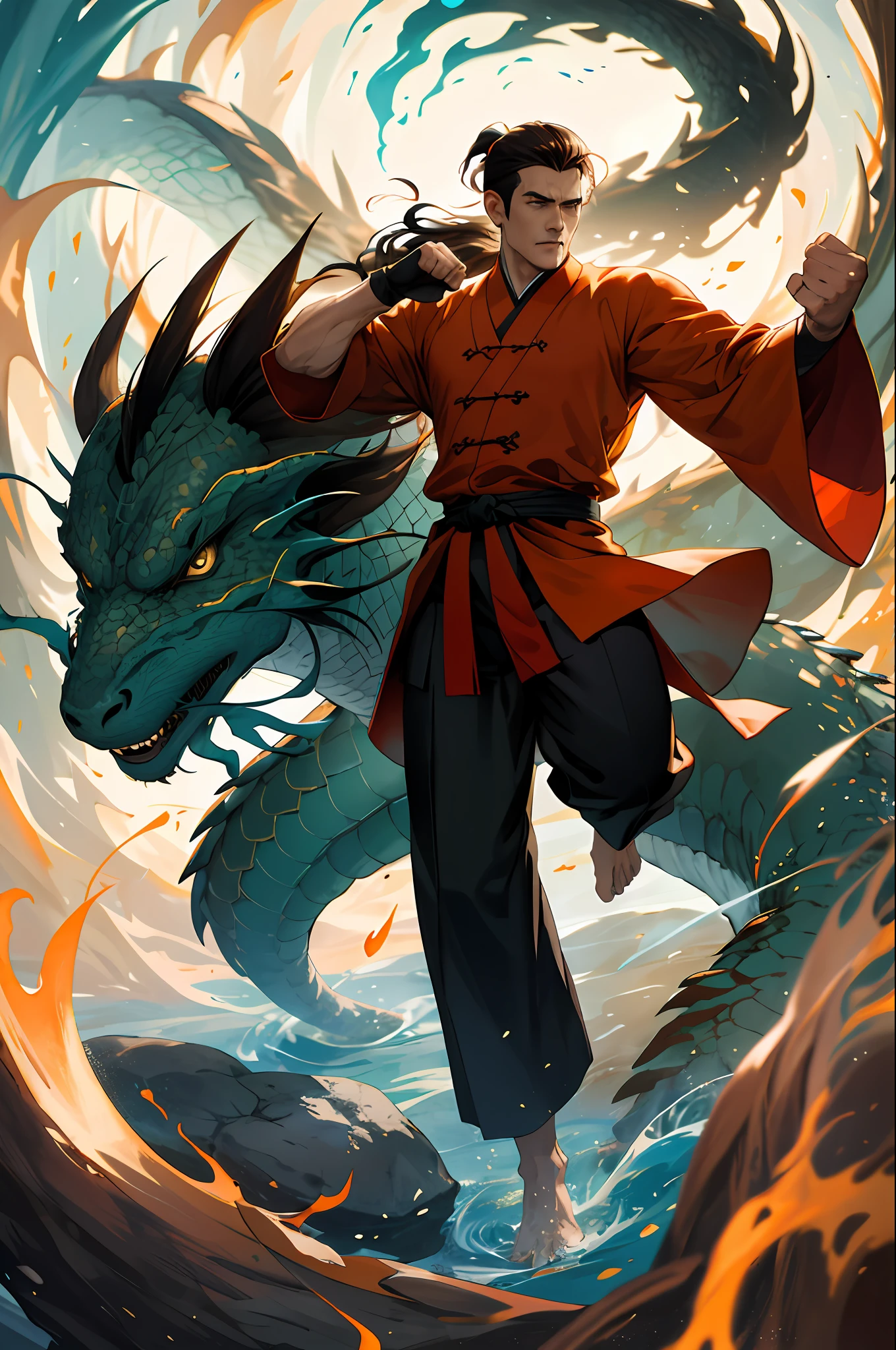 (Absurd, intricate details, masterpiece, best quality, high resolution, 8k), 1 male, mature, handsome, tall muscular man, broad shoulders, ponytail hair, dark brown eyes, fine eyes and detailed face, behind him is a huge water element, (style swirl magic: 0.7), (full body: 0.6), (Chinese fantasy theme: 1.1), hair fluttering in the wind, martial artist, dynamic pose, combat stance, clenched fists, fingerless gloves, wristbands, dragon-themed costumes, monk robes, Bamboo forest in background, rotating floating particles, dynamic composition, mysterious oriental medieval atmosphere, depth of field, visual effects.