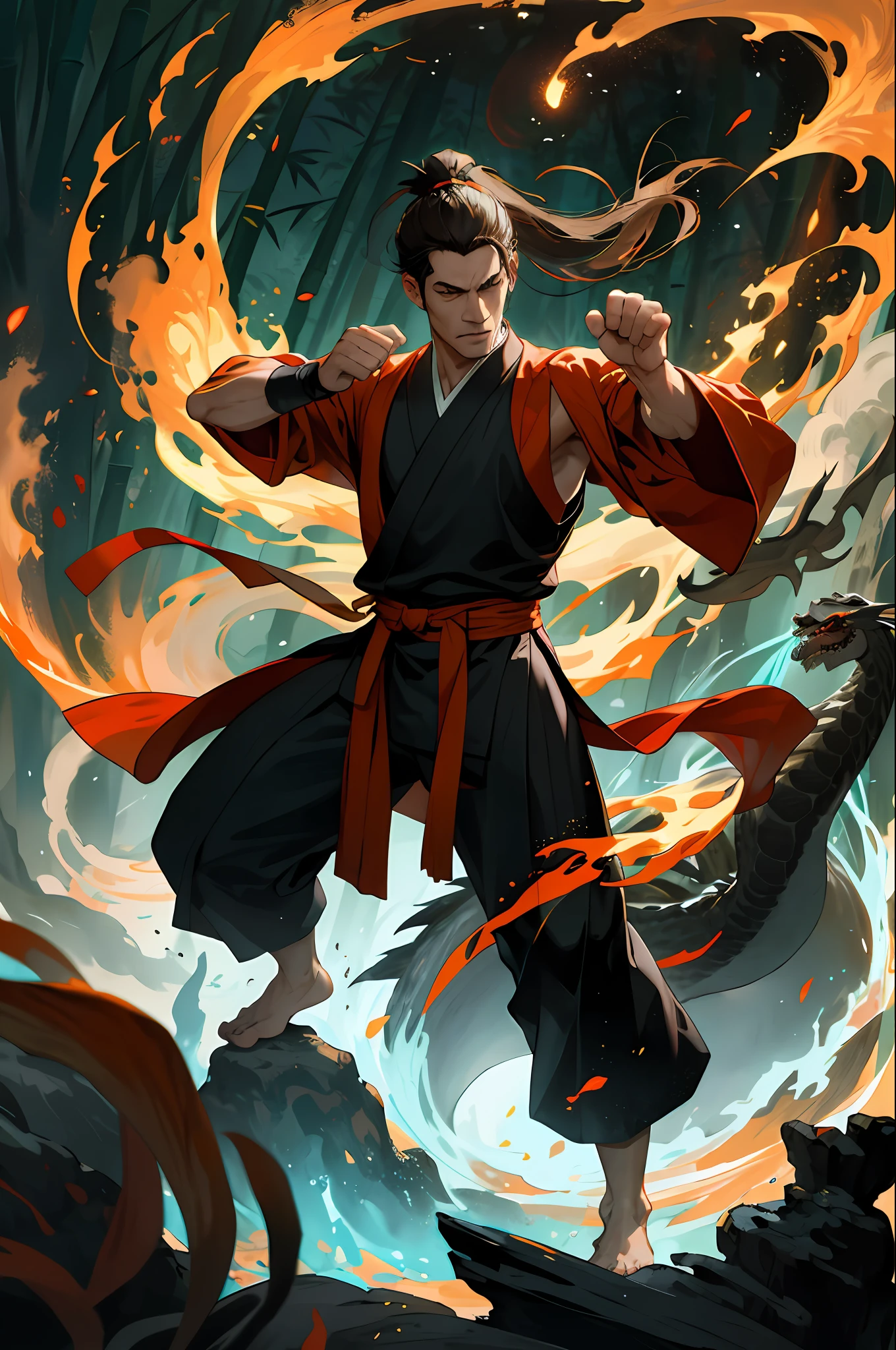 (Absurd, intricate details, masterpiece, best quality, high resolution, 8k), 1 male, mature, handsome, tall muscular man, broad shoulders, ponytail hair, dark brown eyes, fine eyes and detailed face, behind him is a huge water element, (style swirl magic: 0.7), (full body: 0.6), (Chinese fantasy theme: 1.1), hair fluttering in the wind, martial artist, dynamic pose, combat stance, clenched fists, fingerless gloves, wristbands, dragon-themed costumes, monk robes, Bamboo forest in background, rotating floating particles, dynamic composition, mysterious oriental medieval atmosphere, depth of field, visual effects.