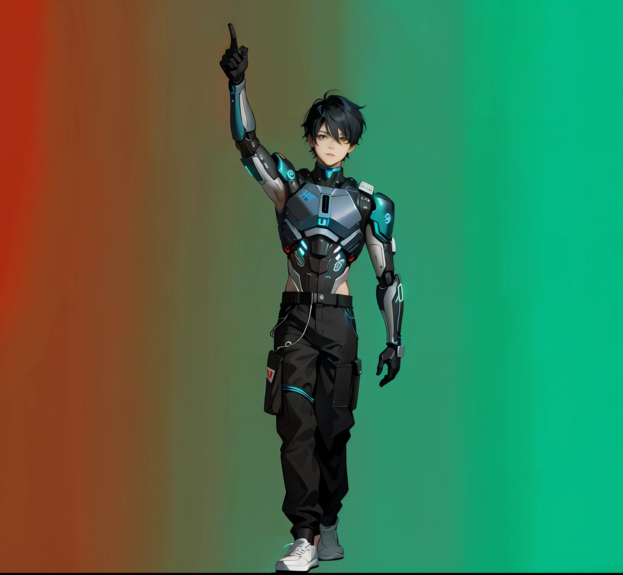 a close-up of a person pointing his finger at the sky, a teenage cyborg, anime cyborg, anime art style, dystopian sci-fi character, sci-fi character, robotic anime mixed with organic, single full-body character, full-body concept, male android, male anime character, teen cyberpunk, black hair, light blue led lights,  black pants, eyes well made, hands well made, correct anatomy, black eyes, handsome, legs apart, sneakers