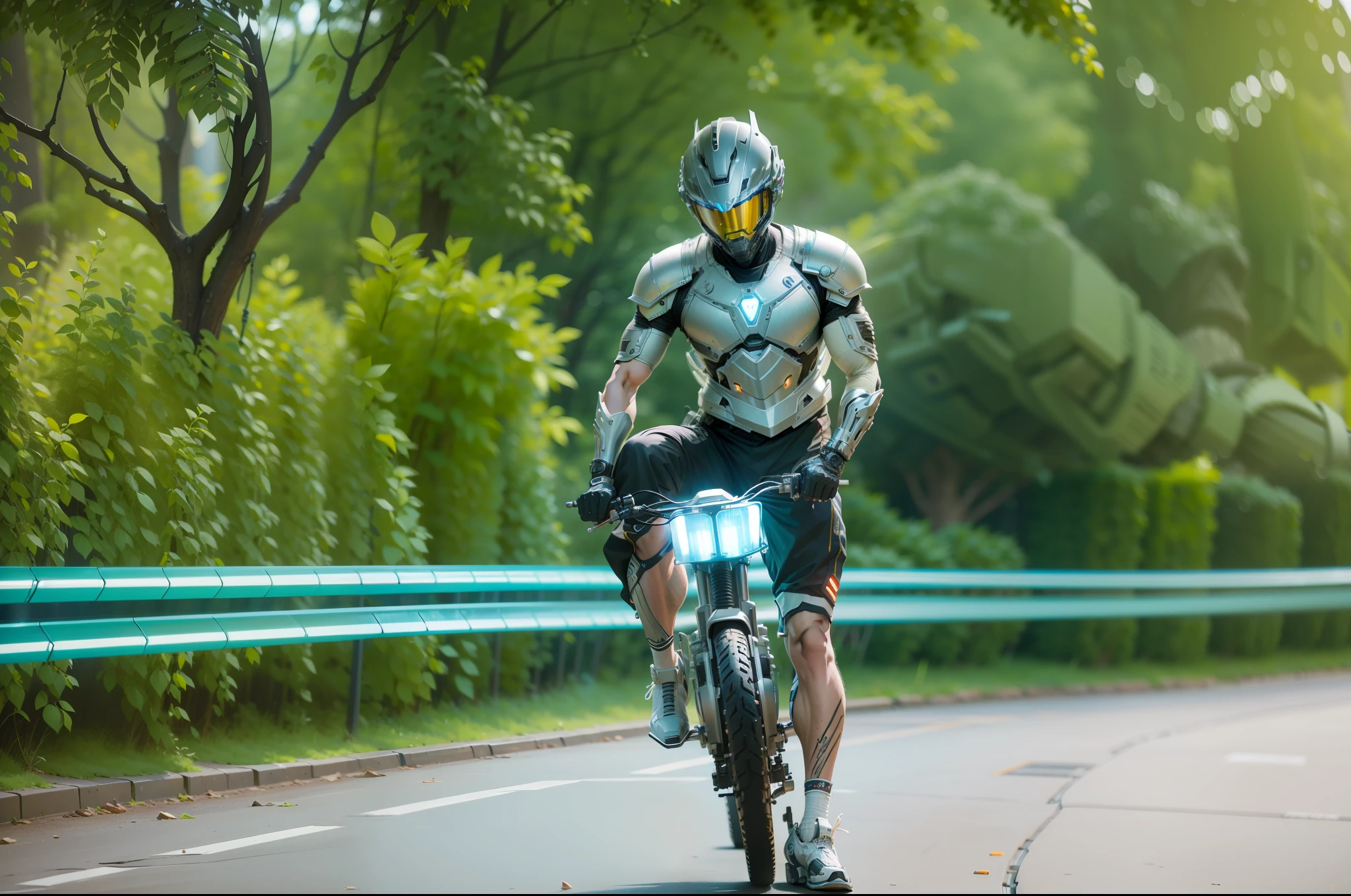 Cyber Warrior & Cybertech Mechanical Motorcycle, Mighty Male Warrior, Nousr, Biomechanics, MSHN Robot Man, Cybertech Full Surround Helmet, Surreal, Steel, Intricate Design, Crazy Detail, Fine Detail, Extremely Clear Lines, Cinematic Lighting, Photo Realistic, Detailed Masterpiece