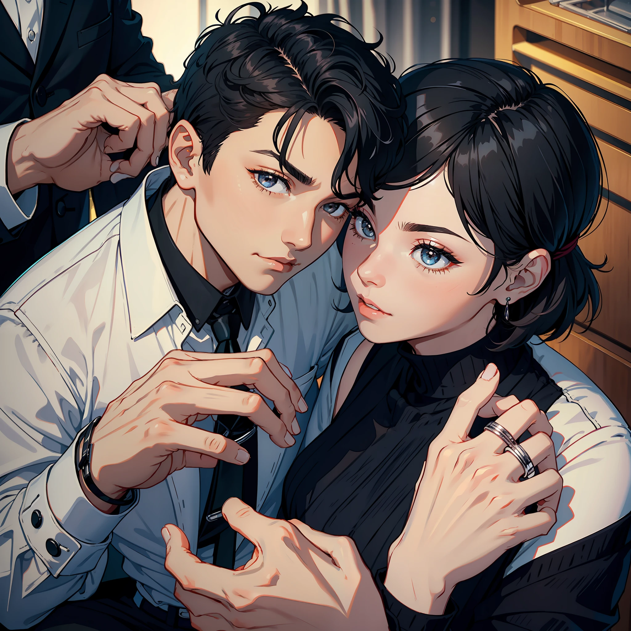 A man with short black hair is proposing marriage with a ring in his hand