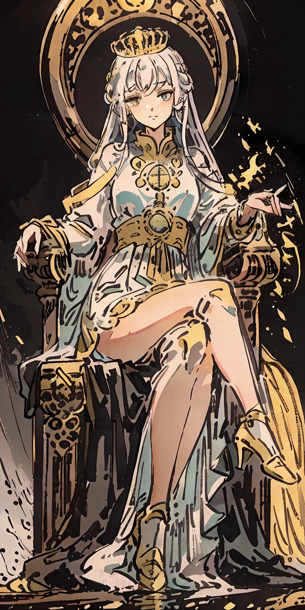 (Masterpiece:1.2), best quality, (illustration:1.2), (ultra-detailed), hyper details, (delicate detailed), (intricate details), (cinematic light, best quality Backlights), clear line, from below, soloist, perfect body, (1girl), white hair and yellow eyes, (emperor, black see-through clothes), (crown: 1.1), sitting on the throne, eyes slightly closed, head down, (shy: 1.2 ), (makeup), high contrast, (best illumination, an extremely create and beautiful), (cinematic light), colorful,