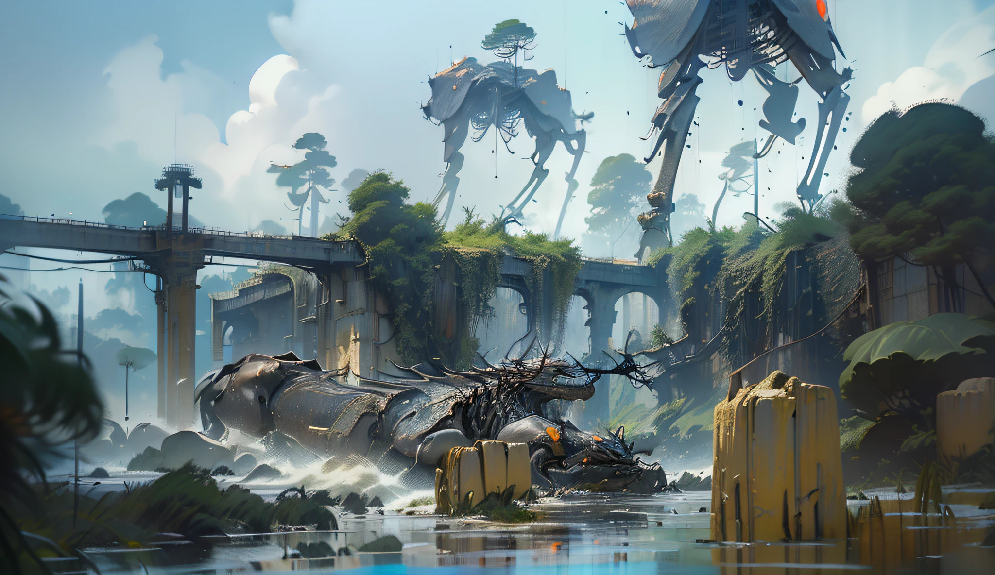 ((((Masterpiece)), Best Quality, Official Art, Very Detailed CG Unity 8k Wallpaper, Fine Details, Stunning Mechanical Exoskeleton, Terrifying Giant Long-legged Alien War Machine, Mysterious, Oppressive, Cinematic Color Scheme, Ray Tracing, Rain, Cinematic Lighting, Cloudy Day, Ground Reflection, Car, Portal Teleporting Alien Creatures, Halo, , Inside the City. (Bare wires can be derived from mechanical exoskeletons)