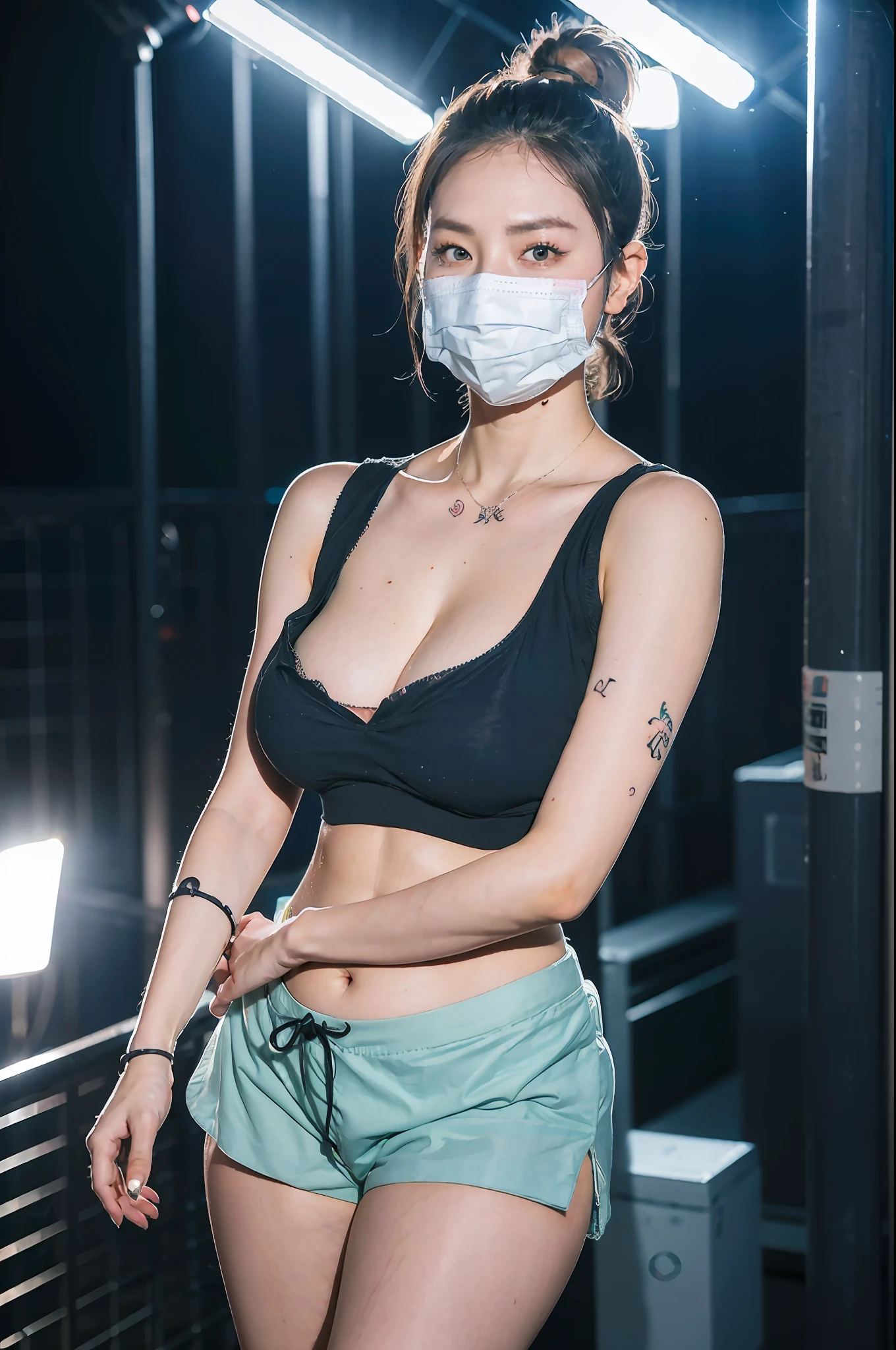 (multiple woman:1.2), beautiful group female korean k-pop idol, (night club:1.2), party, crowded, ponytail hairstyle, (gigantic breasts:1.4), huge cleavage, (tattooed:1.2), (black tank top wearing:1.3), black korean short pants, (surgical mask:1.2), ((wide hips:1.3)), ((thick thigh:1.3)), tight tank top, her face is visible, full-body portrait, shot on sony a1, 85mm F/1. 4 ISO 100, medium format, 45 megapixel, studio lighting, softbox, high shutter speed flash photography, award-winning photograph, look at viewer