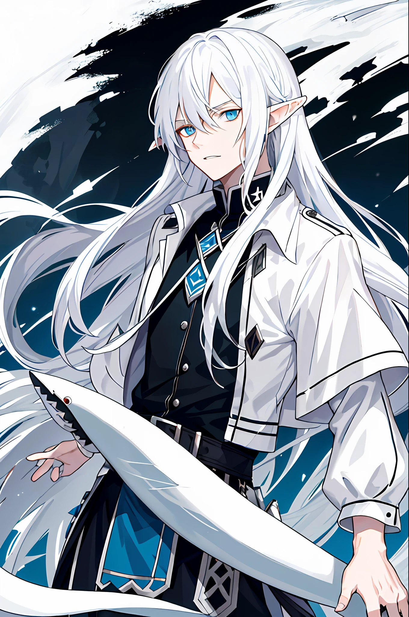 White haired male character, white long hair, half body, high precision, fine, male character, HD face, fine eyes, dark blue eyes like the sea, modern clothing, black shirt, white tunic, elf ears, single, white long-sleeved coat, dark circles, shark teeth, three-seven bangs