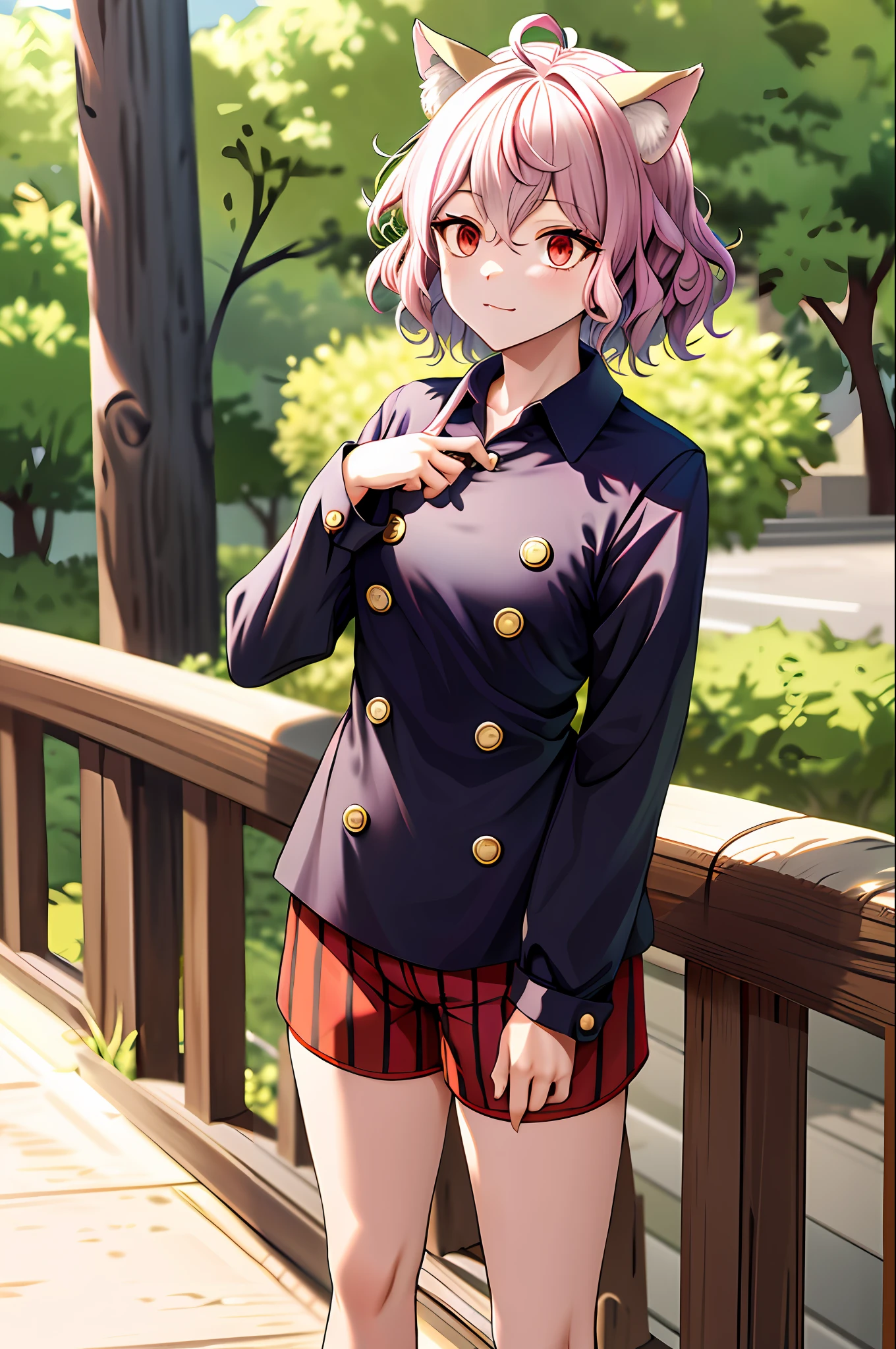 masterpiece, best quality, highres, neferpitou1, cat ears, (cat tail:0.6), solo, short hair, red eyes, long sleeves, hair between eyes, :3, curly hair, striped, cat girl, buttons, striped shorts, cowboy shot, standing, outdoor,