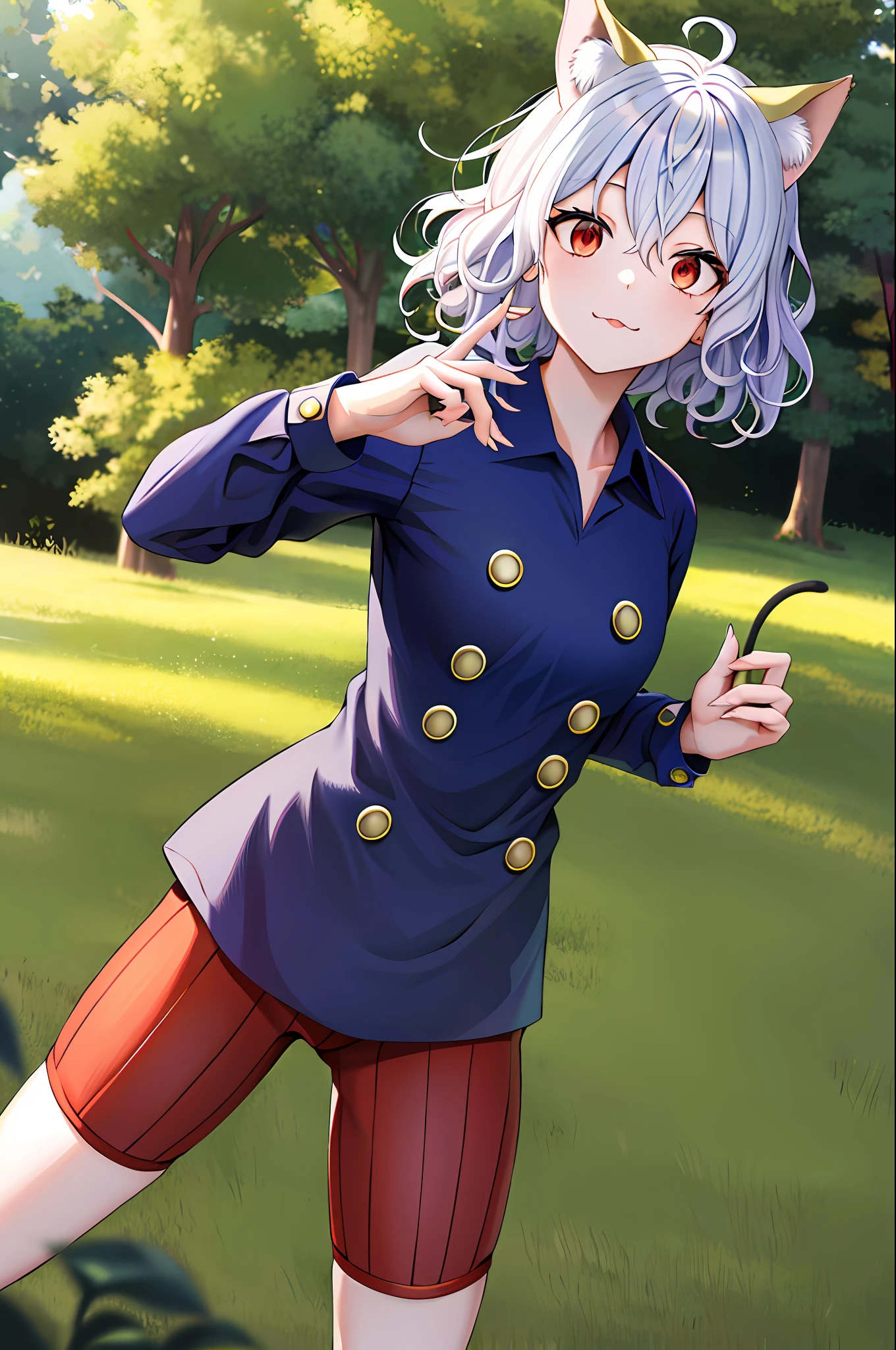 masterpiece, best quality, highres, neferpitou1, cat ears, (cat tail:0.6), solo, short hair, red eyes, long sleeves, hair between eyes, :3, curly hair, striped, cat girl, buttons, striped shorts, cowboy shot, standing, outdoor,