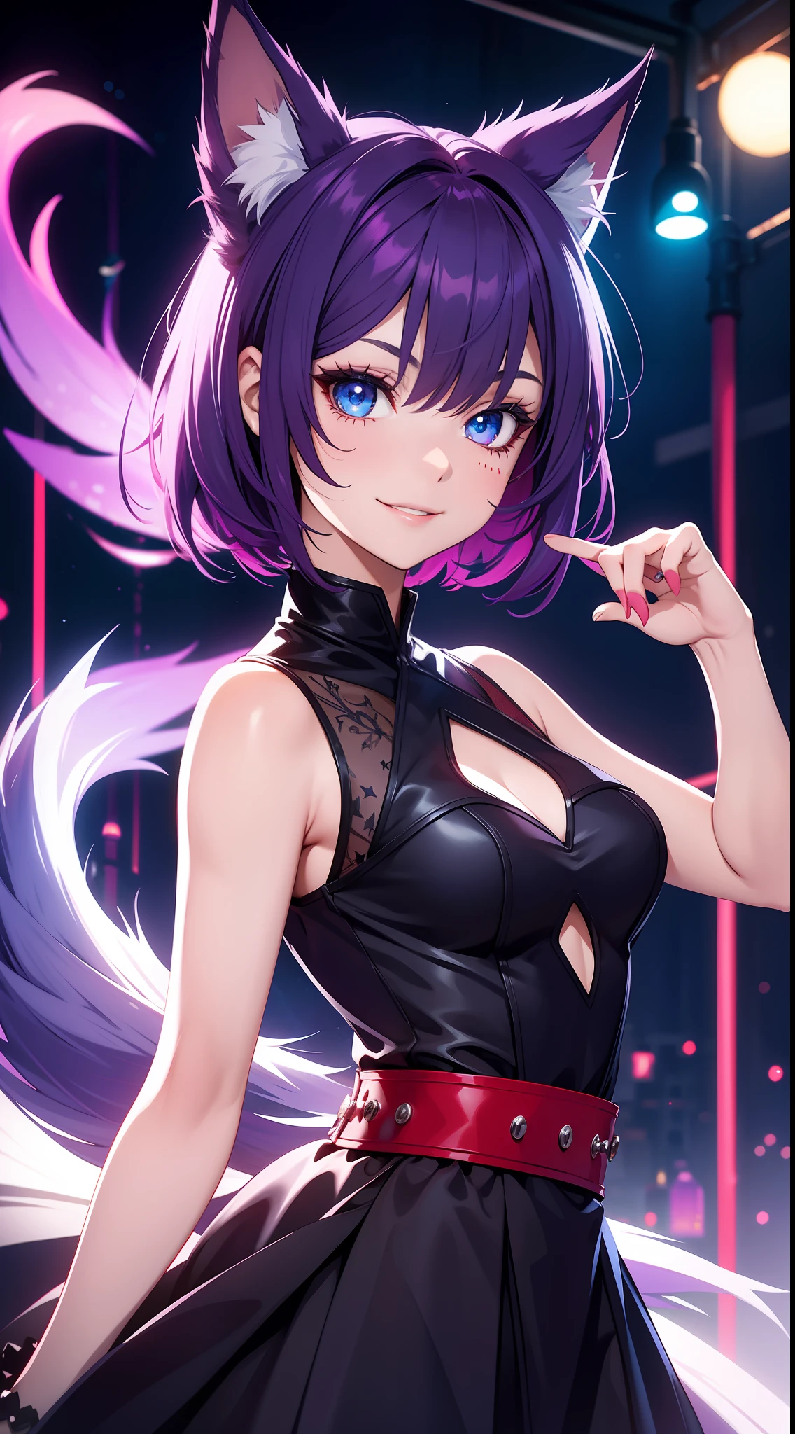 Fashionable girl, short purple hair, red strand, blue eyes, wolf ears and tail, black light beautiful dress, smile, masterpiece, high quality