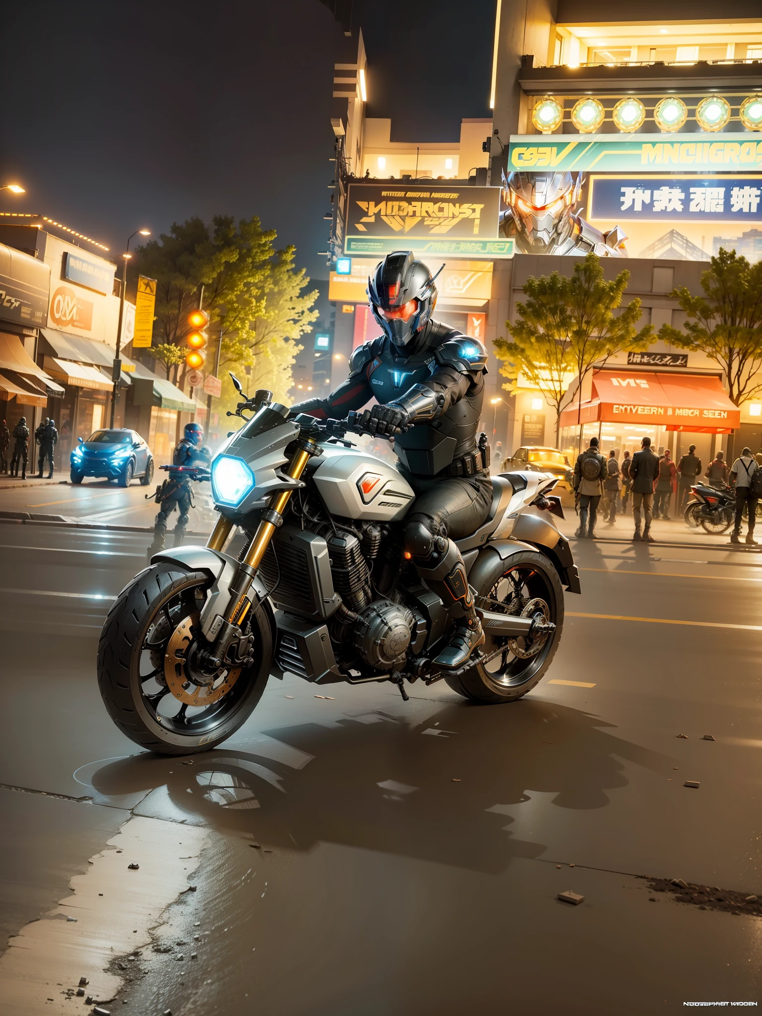 Cyber Warrior & Cybertech Mechanical Motorcycle, Mighty Male Warrior, Nousr, Biomechanics, MSHN Robot Man, Cybertech Full Surround Helmet, Surreal, Steel, Intricate Design, Crazy Detail, Fine Detail, Extremely Clear Lines, Cinematic Lighting, Photo Realistic, Detailed Masterpiece