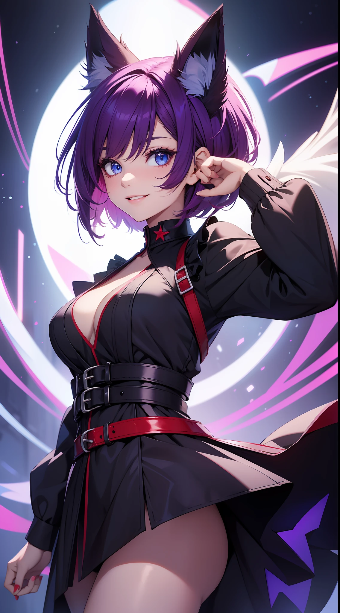 Fashionable girl, short purple hair, red strand, blue eyes, wolf ears and tail, black light beautiful dress, smile, masterpiece, high quality