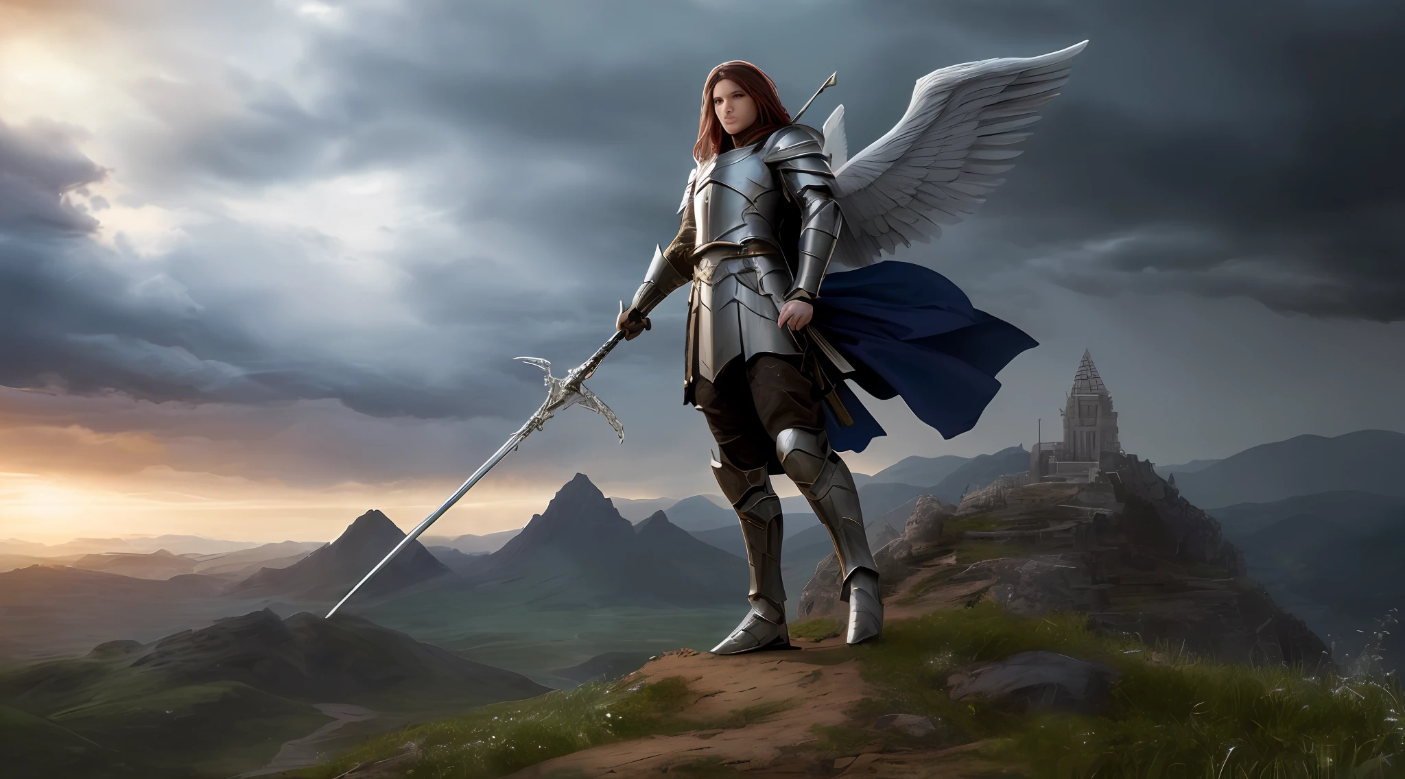 there is a woman with a sword standing on a hill, archangel michael, angel in plastic armor, fantasy character photo, archangel, armor angle with wing, full portrait of magical knight, michael cheval (unreal engine, high quality fantasy stock photo, saint michael the angel, attractive male with armor, picture of an adult male warrior, winged archer