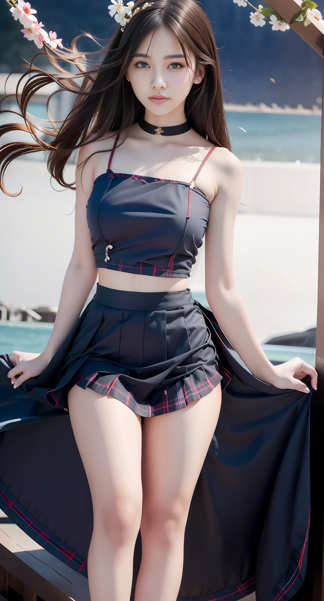 Masterpiece, Superb Piece, Full Body, 1Girl, Bangs, Black Choker, Black Tie, Black Hair, Blue Skirt, Blush, Bracelet, Beautiful Breasts, Choker, Waist Clothes, Collarbone, Collared Shirt, Denim Photos, Dress Shirt, Ear Piercings, Eyebrows Visible Through Hair, Gradient Hair, Grin, Gyaru, Jewelry, Kogal, Long Hair, Looking at the Audience, Loose Ties, Ties, Piercings, Plaid Skirts, Plaid Skirts, Pleated Skirts, Red Eyes, Rings, School Uniforms, Shirts, Skirts, Smiles, solo, white shirt, street, sky, cherry blossoms, petals, illustration, (magazine: 1.3), (cover style: 1.3), fashion, woman, vibrant, attire, pose, front, colorful, dynamic, background, element, confident, expressive, hold, statement, attachment, majestic, coiled, around, touch, scene, text, cover, bold, eye-catching, title, fashion, font, catchy, title, bigger, eye-catching, modern, stylish, focused, stylish,