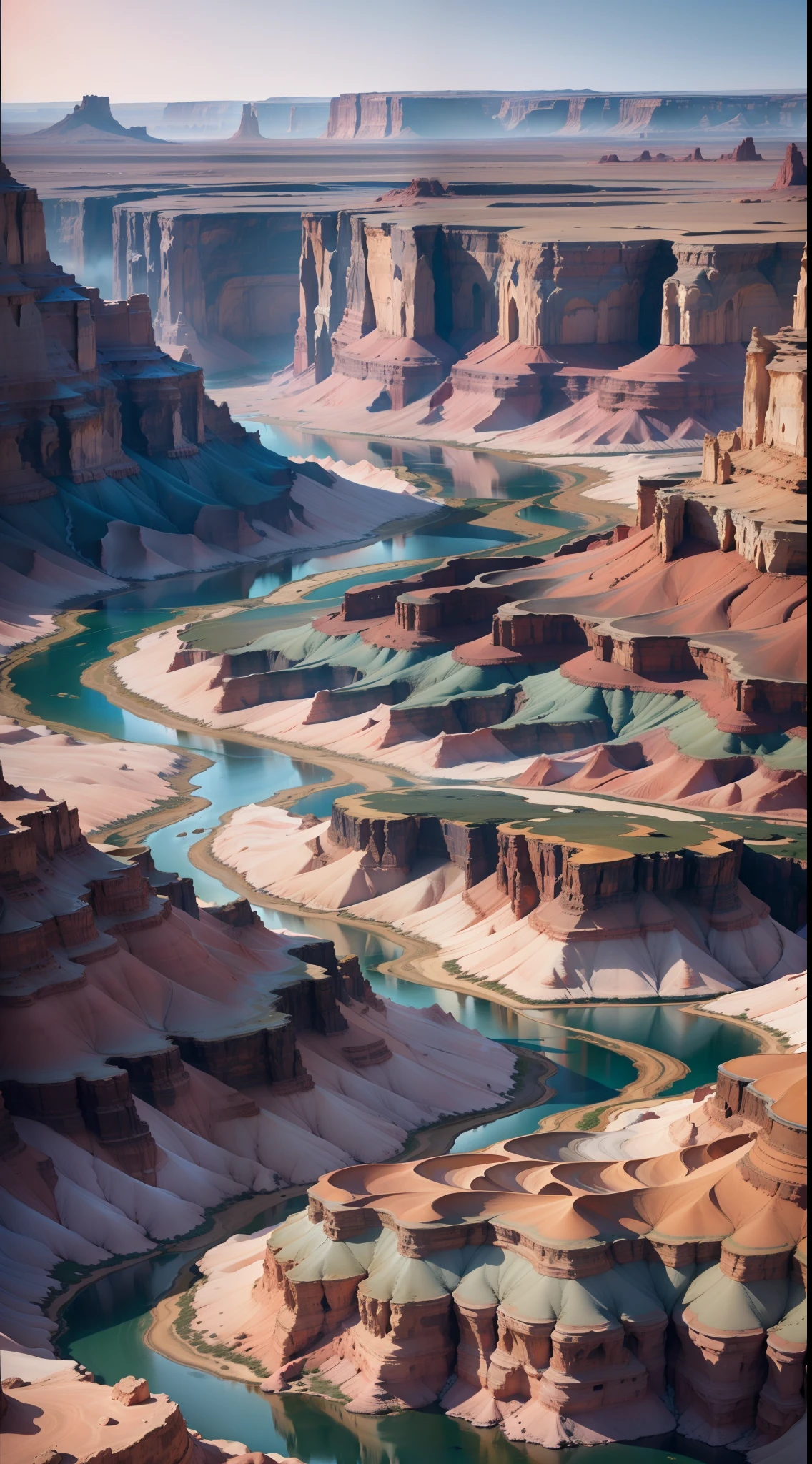 Alafid view of the river flowing through the canyon in the desert, Dramatic earth colors, Earth's warm canyons, cinematic silk road lanscape, Otherworldly colors, Million Love River, Icelandic photography, Icelandic landscape photography, Max Rive, Lpoty, Canyon terrain, Iceland, Earth and pastel colors, Inside an otherworldly planet --auto --s2