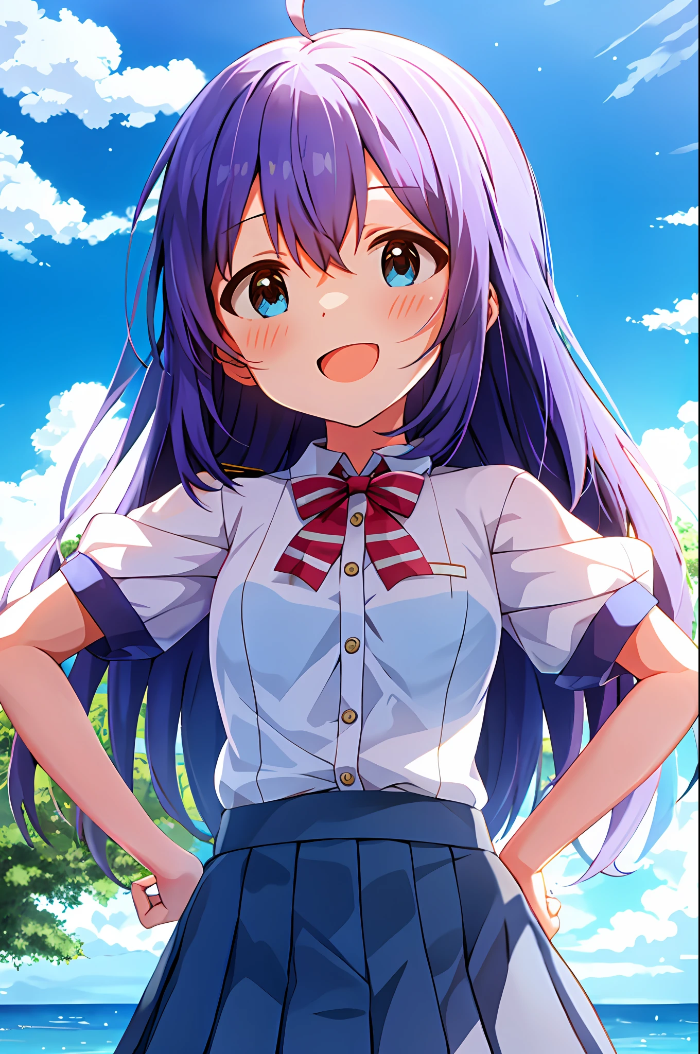 Anna Mochizuki (Million Live), Shiny Trinity \ (Costume), (Best Quality, 8K, Masterpiece, Super Detail: 1.2), Sea, Sun, Dappled Sunlight, Blue Sky, Beautiful Clouds, 1 Girl, Solo, Skirt, Open Mouth, V, View Viewer, White Sailor Color, Blue Shirt, Sailor Color, Blue Skirt, Pleated Skirt, Short Sleeve, :d, Shirt, School Uniform, Blush, Serafuk, Clavicle, BowPut your hands on your hips, stretch your chest, clench your fists, look from below.