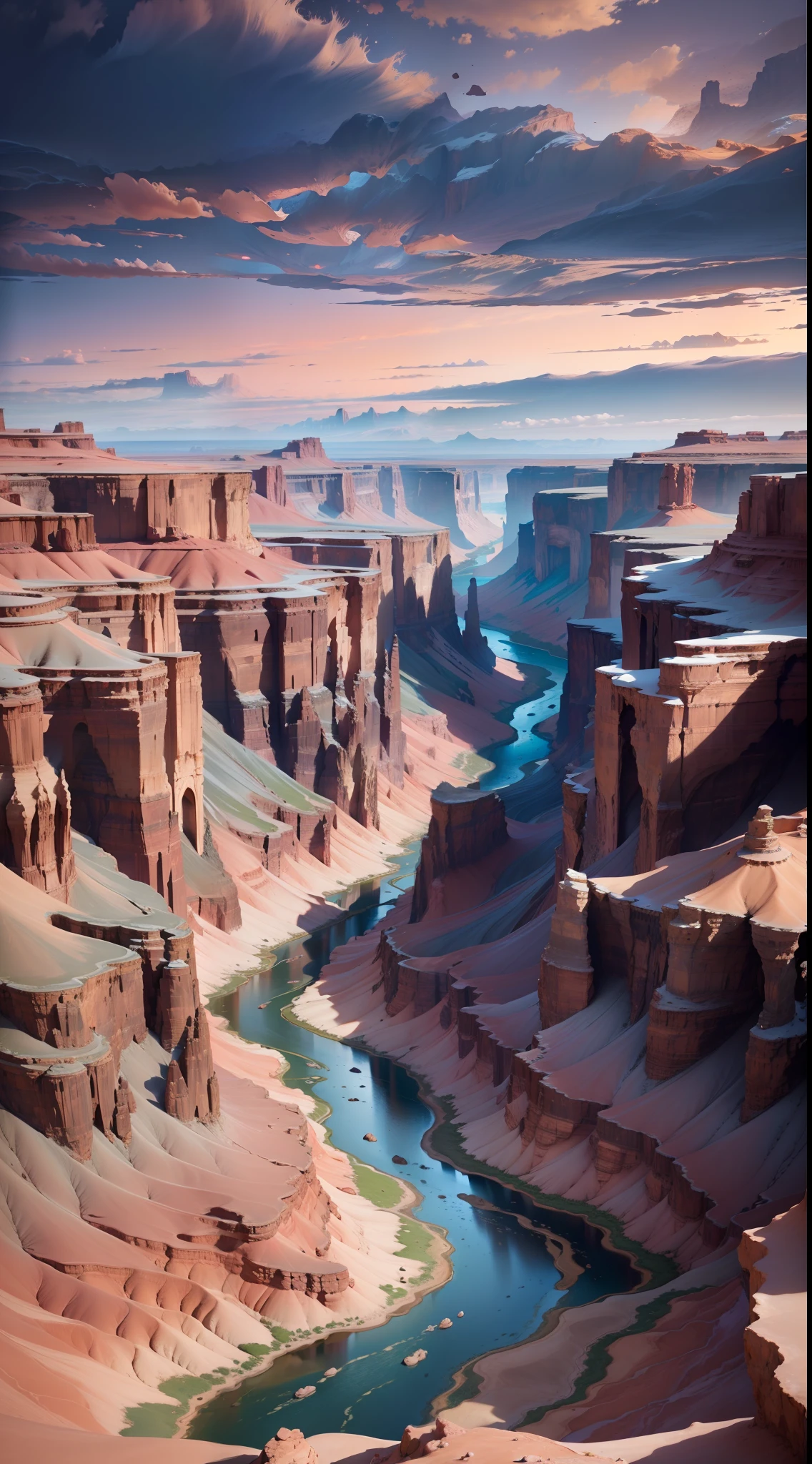 Alafid view of the river flowing through the canyon in the desert, Dramatic earth colors, Earth's warm canyons, cinematic silk road lanscape, Otherworldly colors, Million Love River, Icelandic photography, Icelandic landscape photography, Max Rive, Lpoty, Canyon terrain, Iceland, Earth and pastel colors, Inside an otherworldly planet --auto --s2