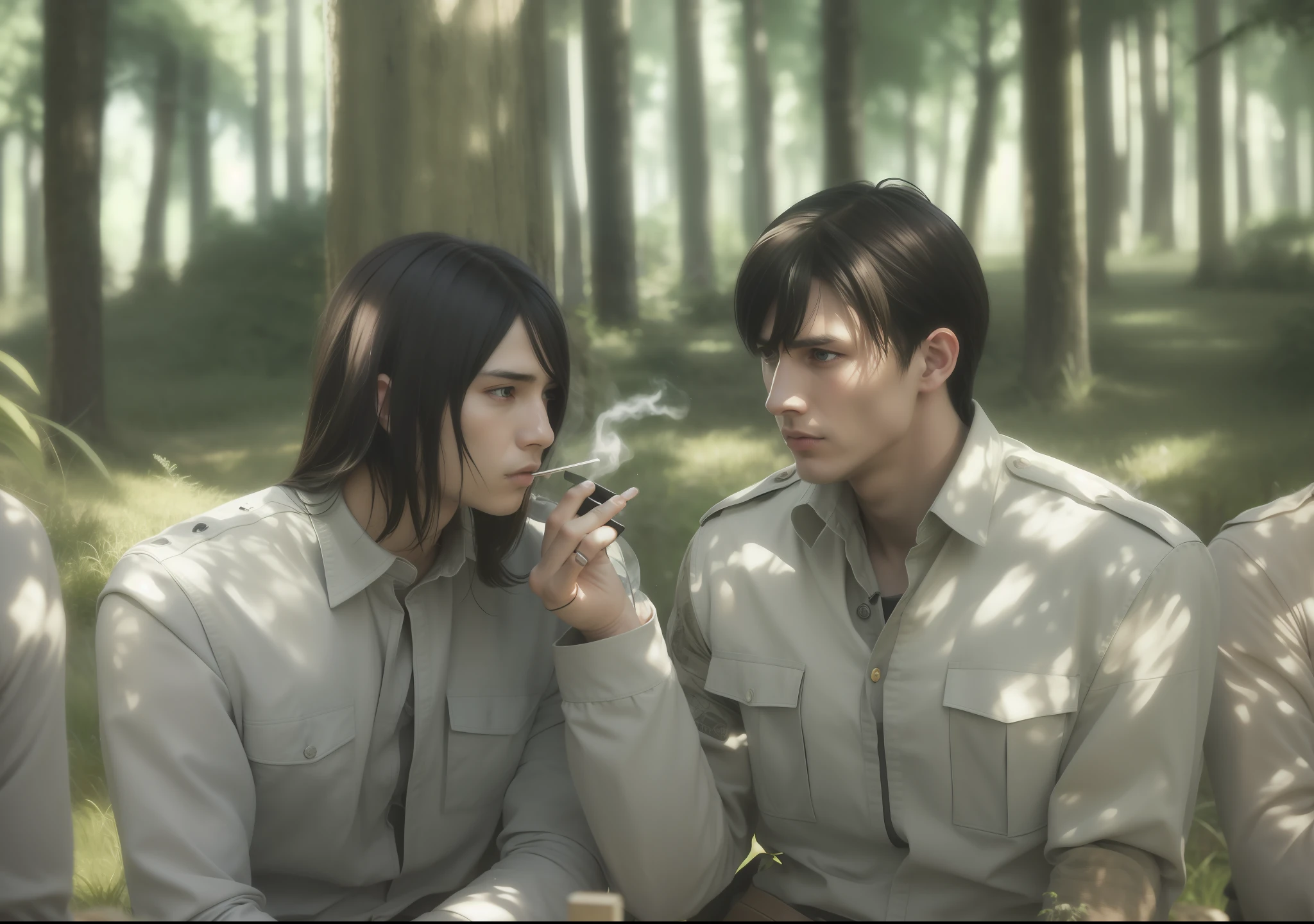 best quality, masterpiece, (realistic: 1.2), 2 men, Eren Jaeger,
Eren Kruger, real life, live action, black jeans, black pants, brown hair, attack on Titan, long hair, high definition, high quality, gigachad, smoking, cigarette, big head, soldiers, war costume