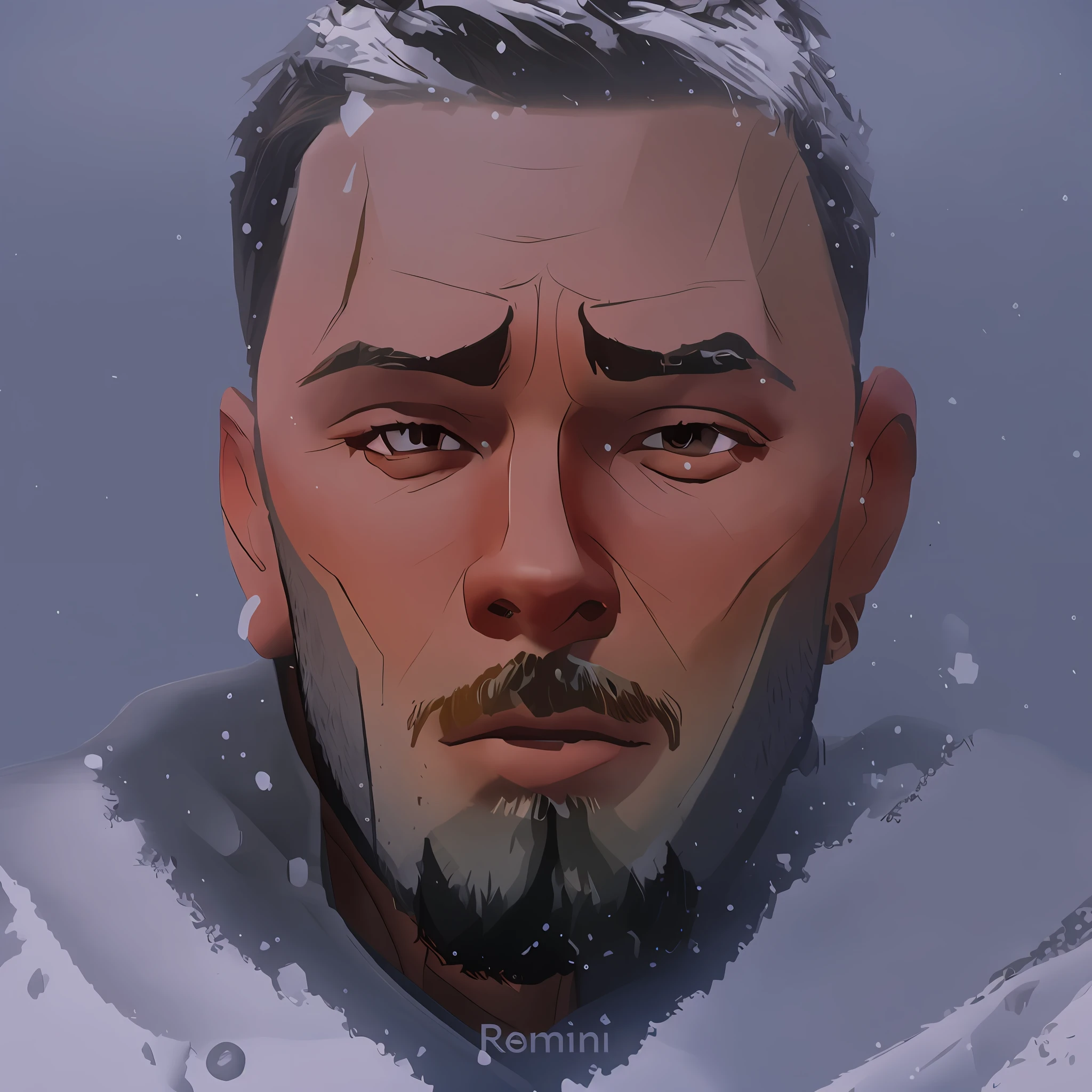 a close up of a man with a beard and a jacket, only snow i the background, realism art, perfect composition artem demura, by Ren Renfa, by Kanbun Master, portait photo profile picture, realistic portrait photo, realism artstyle, high quality portrait, cold, in snow, retouched in photoshop, snowing, realistic portrait, realistic picture