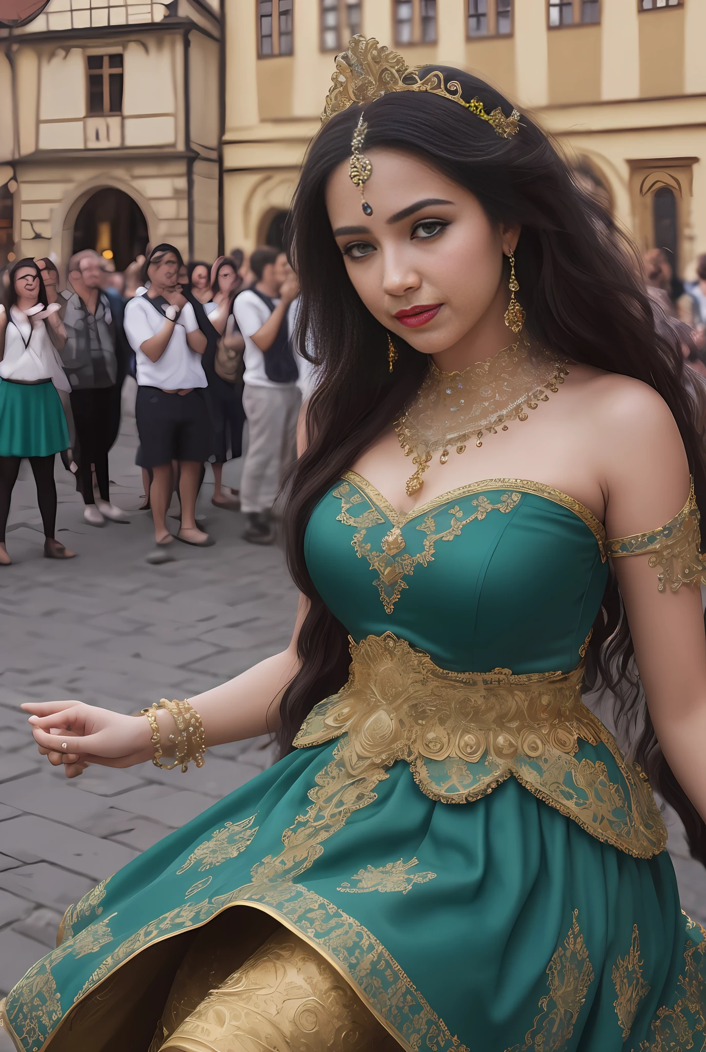 (masterpiece, best quality, realistic),
1girl,Prague Old Town Square background, gypsy dress,(princess eyes,shiny pupils),dancing, intricate,teal hue dress, gold, gypsy person, banquet, crowd, picking up skirt,pale skin,
[slight smile],