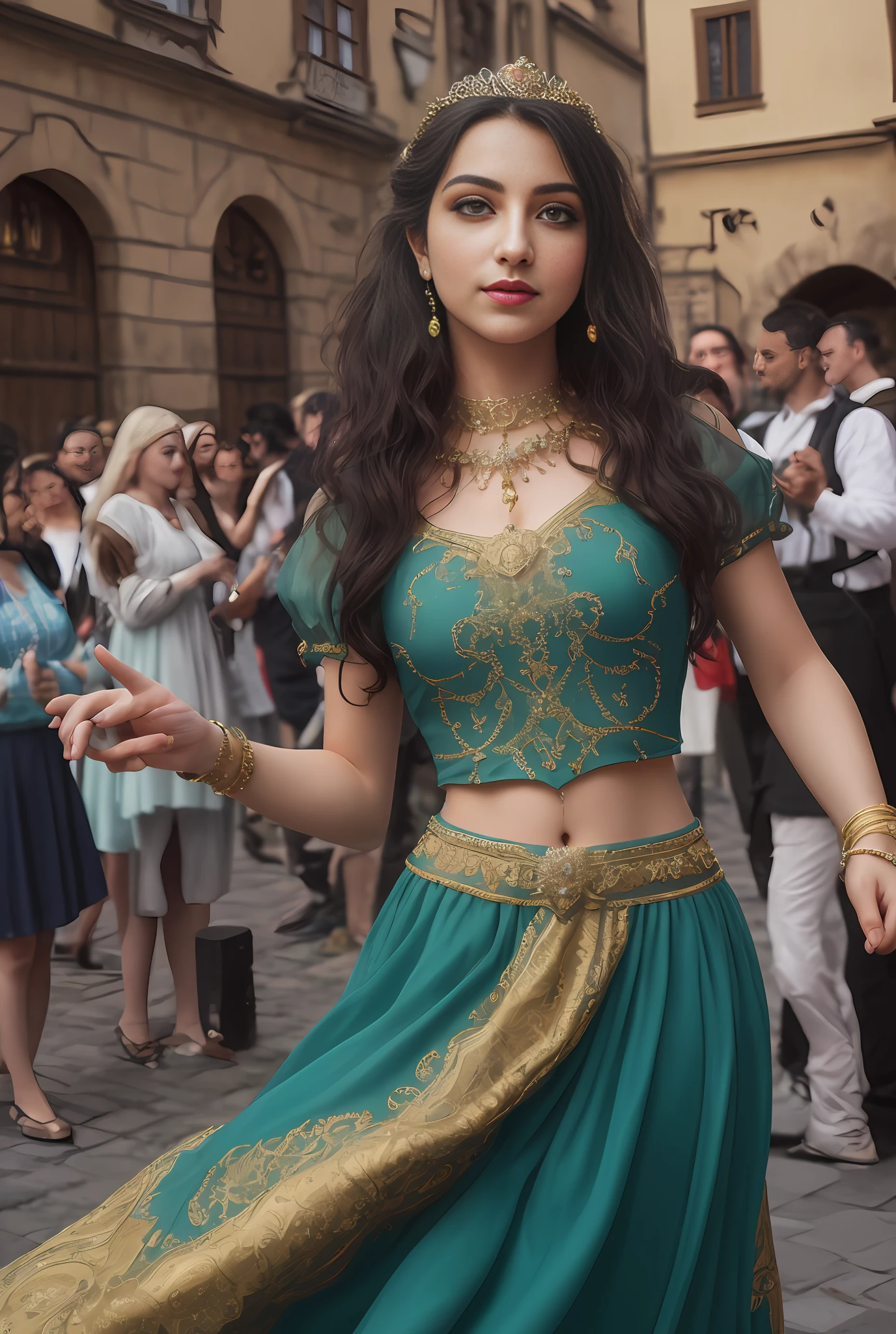 (masterpiece, best quality, realistic),
1girl,Prague Old Town Square background, gypsy dress,(princess eyes,shiny pupils),dancing, intricate,teal hue dress, gold, gypsy person, banquet, crowd, picking up skirt,pale skin,
[slight smile],