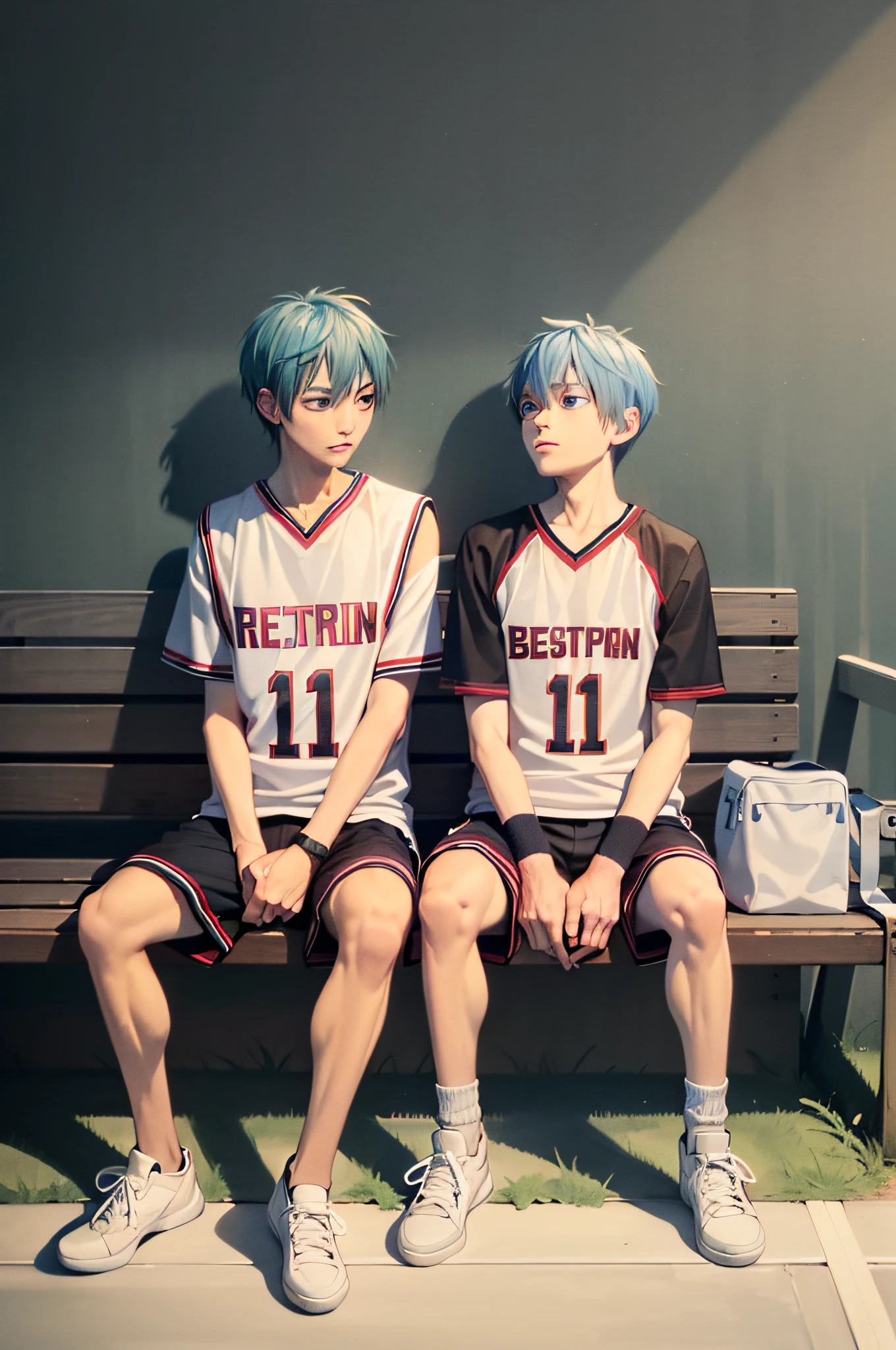 (masterpiece, best quality:1.2), solo, male focus, 1boy, kuroko tetsuya, expressionless, closed mouth, sitting in a bench, basketball uniform, sneakers, basketball court