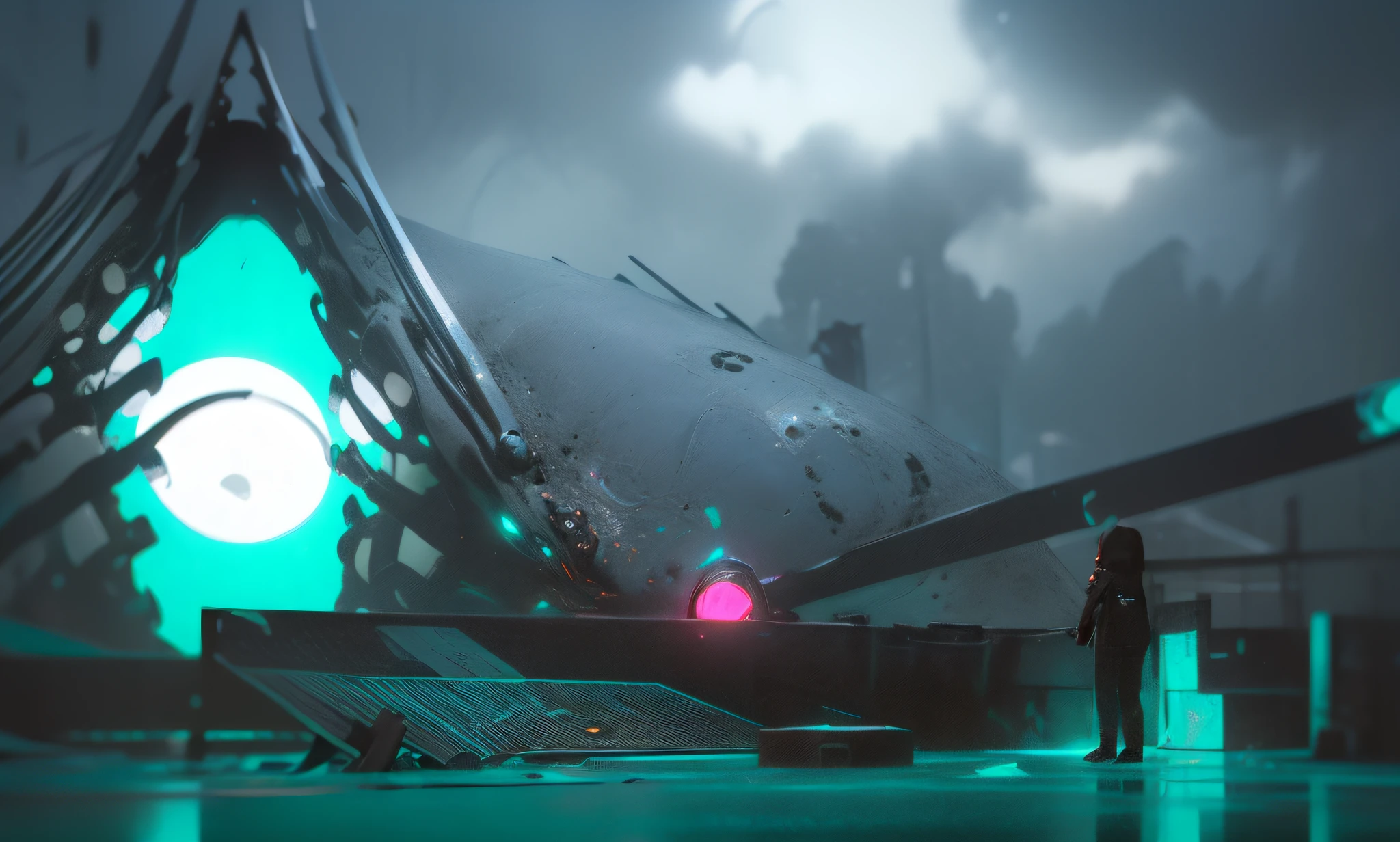 (((mechanical exoskeleton + mysterious: 1.2) + oppression: 1.1 + amazing: 1.1 + fear: 1.3 + gray tones + blue tones + black tones) + best quality) + gorgeous film and TV effects) + very detailed CG unified 8k wallpapers, rain, movie lighting, cloudy days, ground reflections, cars, city rooftops, portals to teleport alien creatures.