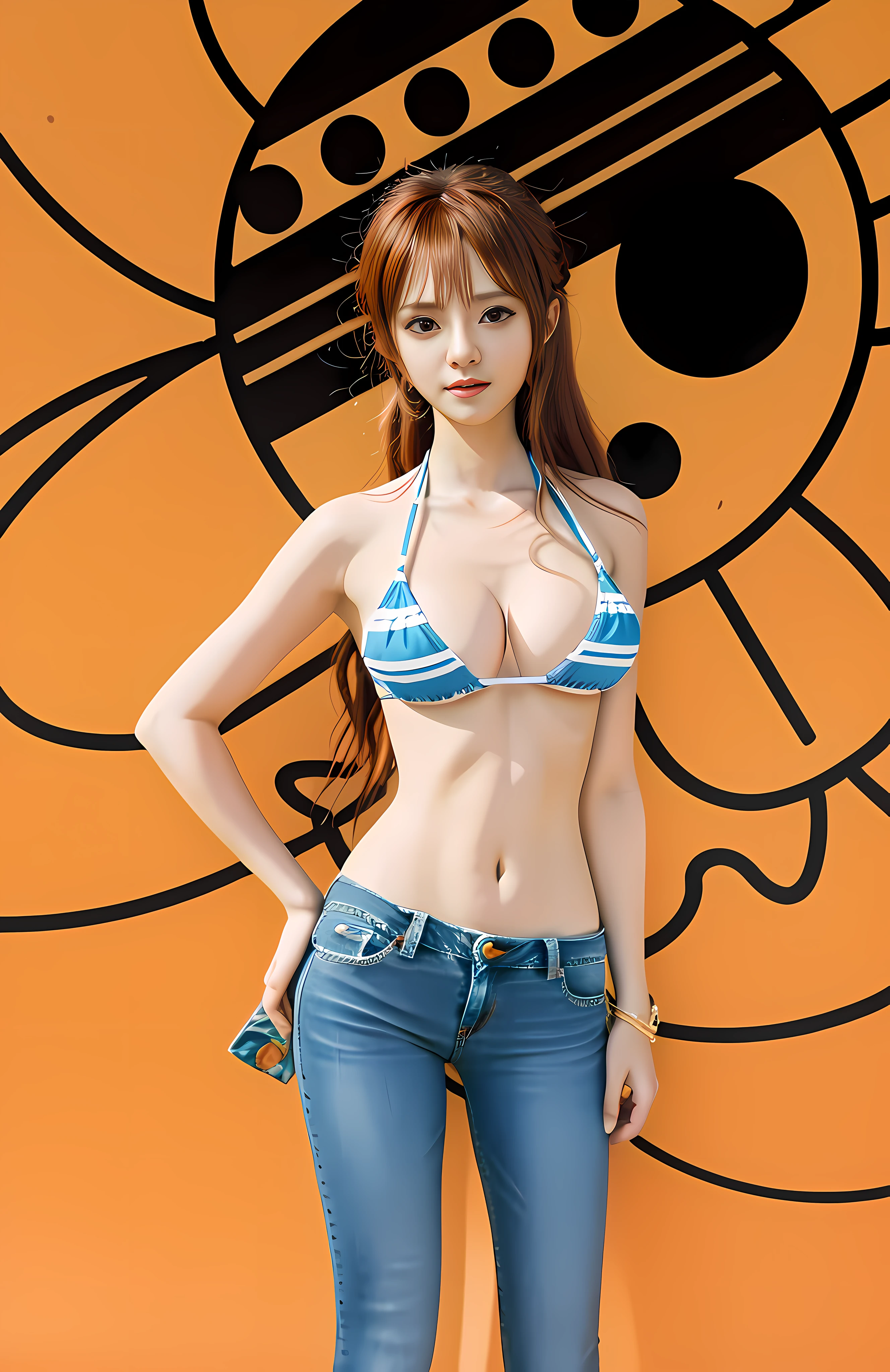 Cartoon picture of a woman in a bikini top and jeans, Nami in One Piece, Nami One Piece, beautiful portrait of Nami from One Piece, anime girl named Lucy, female anime character, One Piece, One Piece style, inspired by Eiichiro Oda, Erza Crimson as a real person, she has long orange-brown hair, ([detail line]: 1.3), (complex details), HDR, (complex details, hyper details: 1.2), cinematic shot, centered