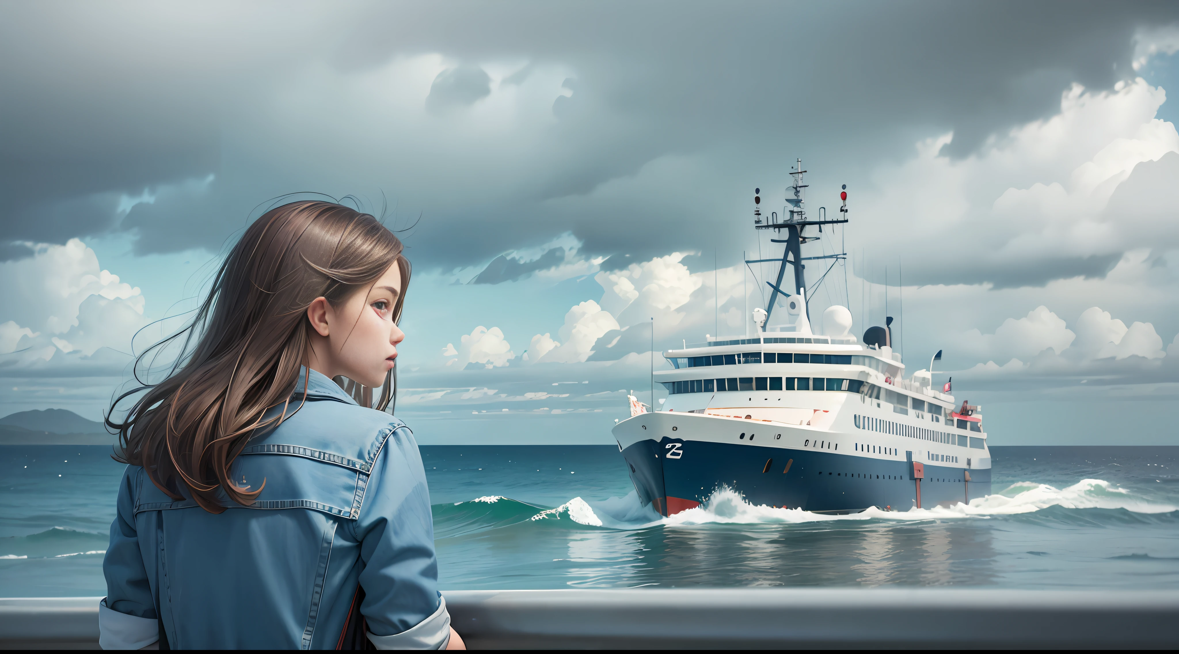 Girl by the sea, denim shorts, passenger ferry on the sea, overcast, wallpaper, 4k, crabs on the beach, vista, --auto --s2