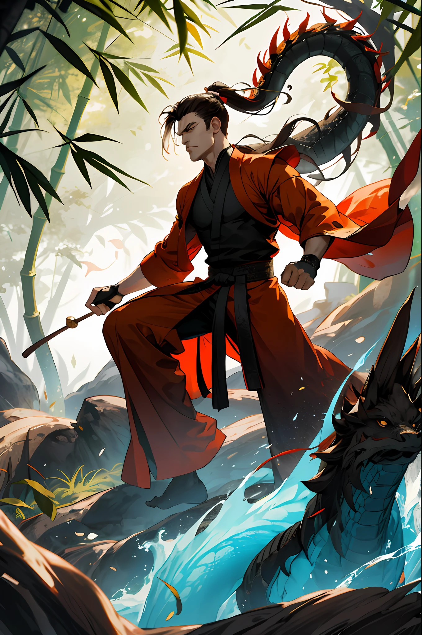 (Absurd, intricate details, masterpiece, best quality, high resolution, 8k), 1 male, mature, handsome, tall muscular man, broad shoulders, ponytail hair, dark brown eyes, fine eyes and detailed face, behind him is a huge water element, (style swirl magic: 0.7), (full body: 0.6), (Chinese fantasy theme: 1.1), hair fluttering in the wind, martial artist, dynamic pose, combat stance, clenched fists, fingerless gloves, wristbands, dragon-themed costumes, monk robes, Bamboo forest in background, rotating floating particles, dynamic composition, mysterious oriental medieval atmosphere, depth of field, visual effects.