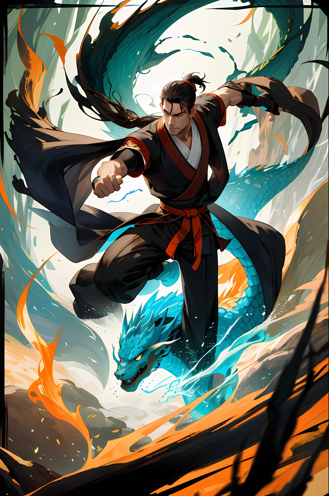 (Absurd, intricate details, masterpiece, best quality, high resolution, 8k), 1 male, mature, handsome, tall muscular man, broad shoulders, ponytail hair, dark brown eyes, fine eyes and detailed face, behind him is a huge water element, (style swirl magic: 0.7), (full body: 0.6), (Chinese fantasy theme: 1.1), hair fluttering in the wind, martial artist, dynamic pose, combat stance, clenched fists, fingerless gloves, wristbands, dragon-themed costumes, monk robes, Bamboo forest in background, rotating floating particles, dynamic composition, mysterious oriental medieval atmosphere, depth of field, visual effects.