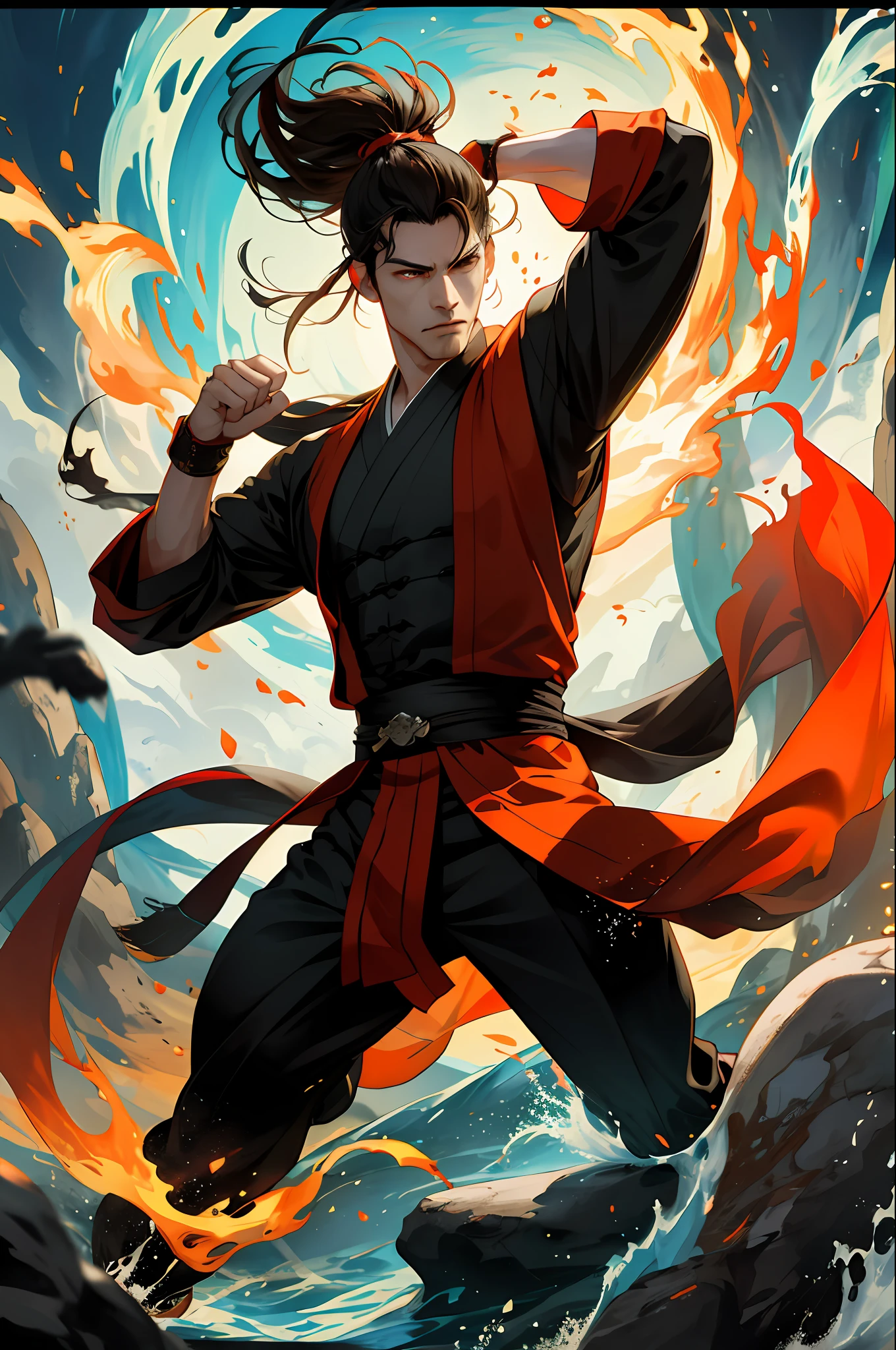 (Absurd, intricate details, masterpiece, best quality, high resolution, 8k), 1 male, mature, handsome, tall muscular man, broad shoulders, ponytail hair, dark brown eyes, fine eyes and detailed face, behind him is a huge water element, (style swirl magic: 0.7), (full body: 0.6), (Chinese fantasy theme: 1.1), hair fluttering in the wind, martial artist, dynamic pose, combat stance, clenched fists, fingerless gloves, wristbands, dragon-themed costumes, monk robes, Bamboo forest in background, rotating floating particles, dynamic composition, mysterious oriental medieval atmosphere, depth of field, visual effects.
