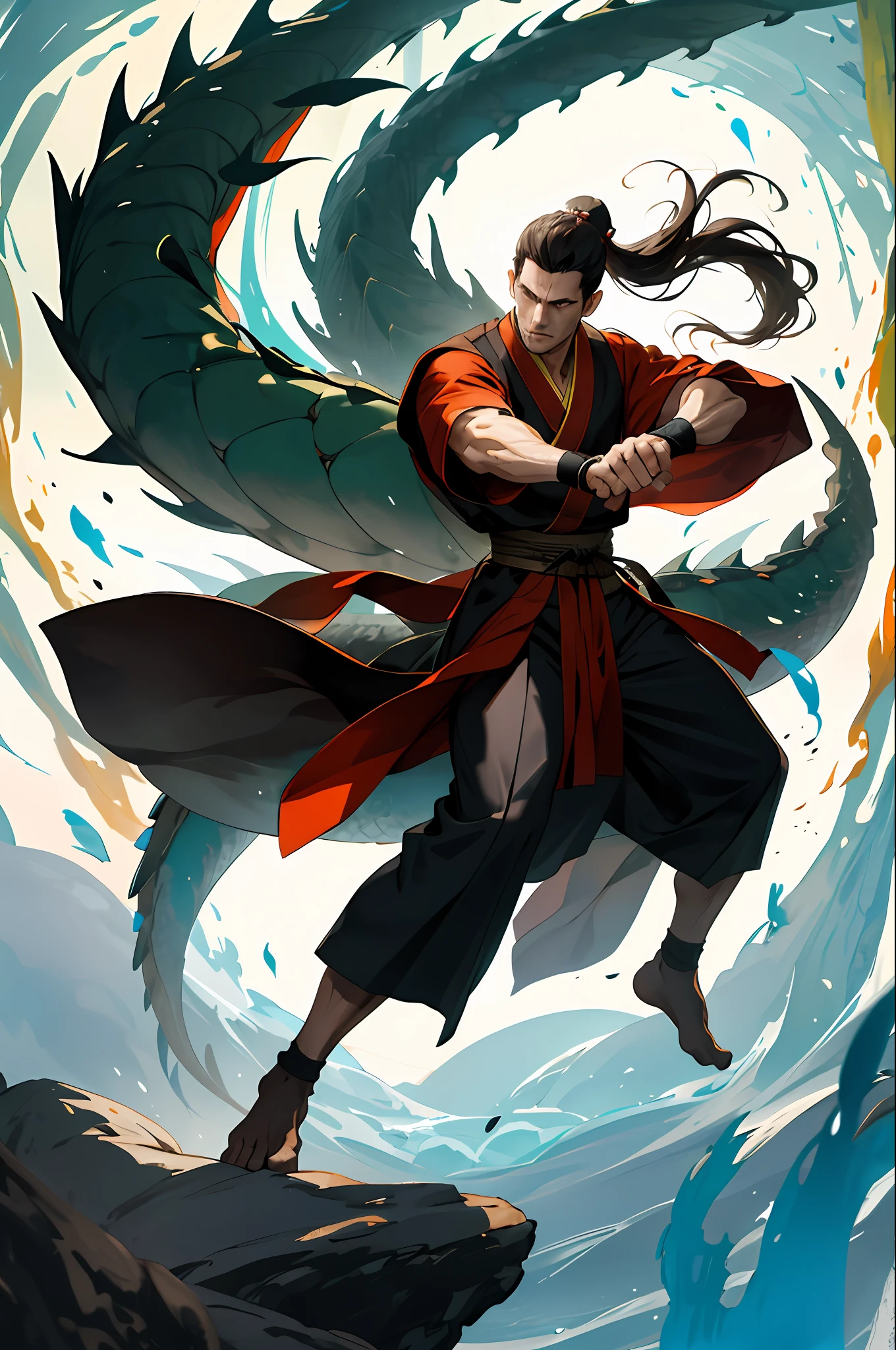 (Absurd, intricate details, masterpiece, best quality, high resolution, 8k), 1 male, mature, handsome, tall muscular man, broad shoulders, ponytail hair, dark brown eyes, fine eyes and detailed face, behind him is a huge water element, (style swirl magic: 0.7), (full body: 0.6), (Chinese fantasy theme: 1.1), hair fluttering in the wind, martial artist, dynamic pose, combat stance, clenched fists, fingerless gloves, wristbands, dragon-themed costumes, monk robes, Bamboo forest in background, rotating floating particles, dynamic composition, mysterious oriental medieval atmosphere, depth of field, visual effects.