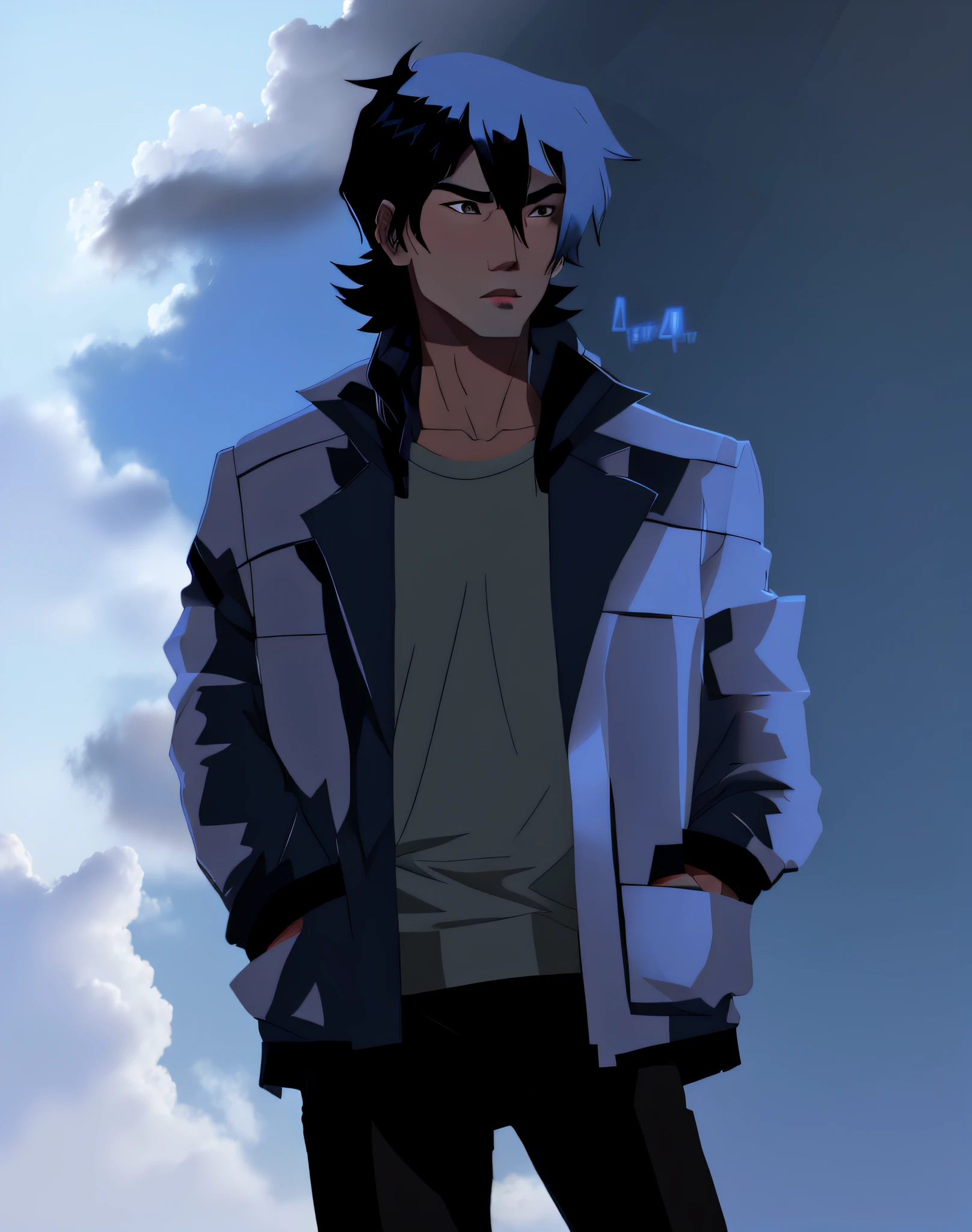 Asian boy wearing a coat with his hands in his pockets, black hair with mullet, young boy, cool, cool color palette, blue filter