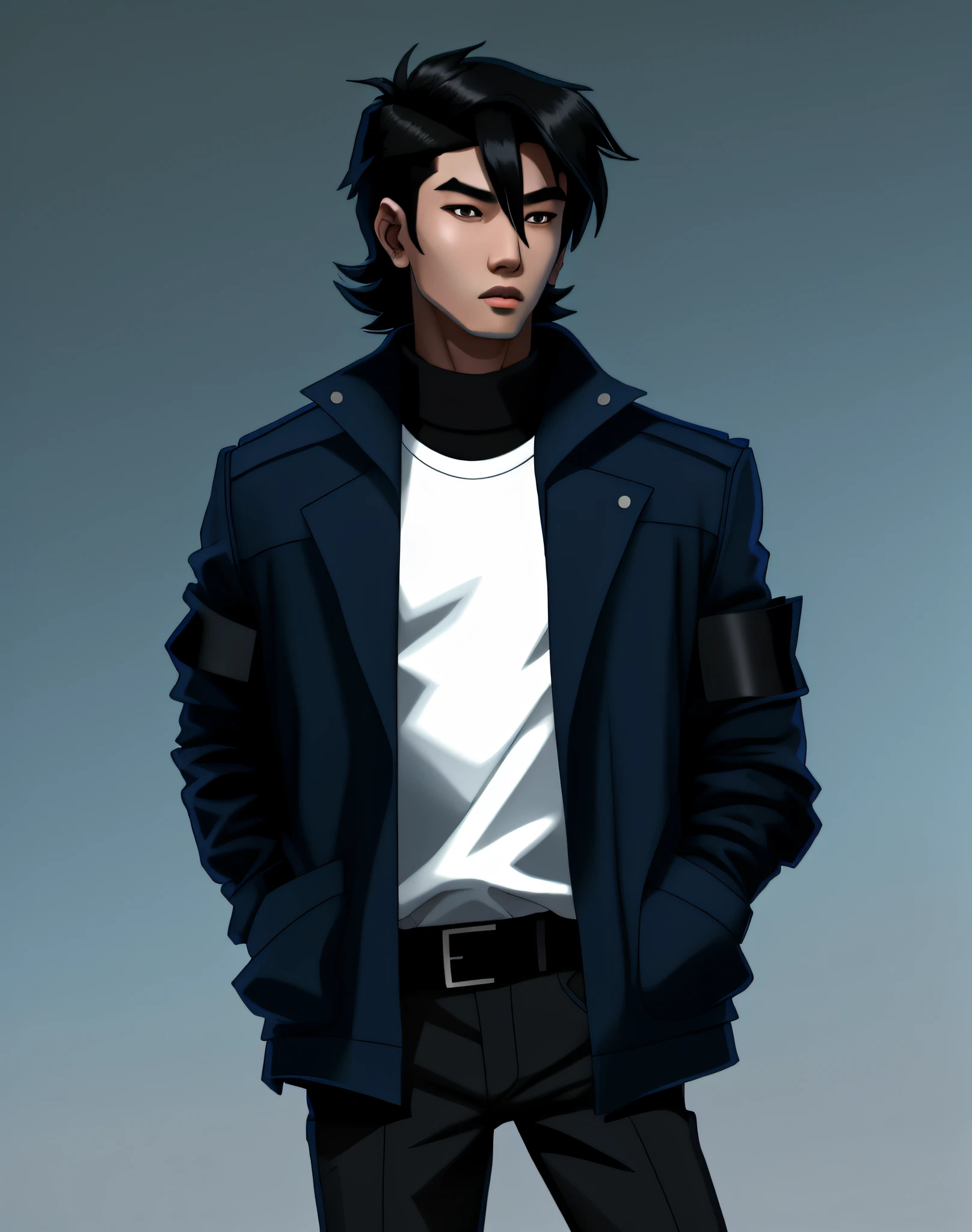 Asian boy wearing a coat with his hands in his pockets, black hair with mullet, young boy, cool, cool color palette, blue filter