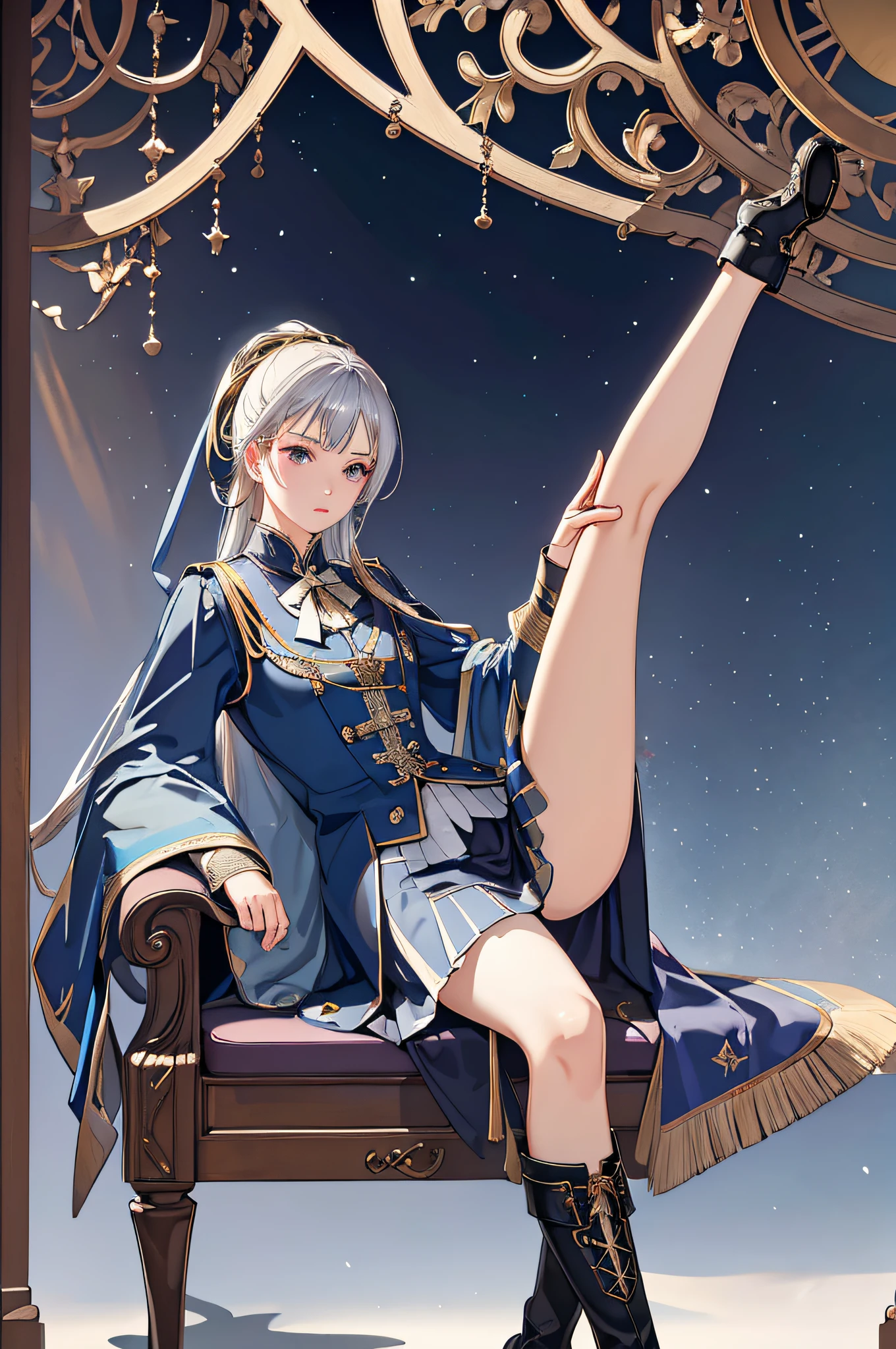 Official Art, Unity 8k wallpaper, ultra-detailed, beautiful, beautiful, masterpiece, best quality, super detailed textures, asymmetrical aesthetics, dark, epic, atmospheric, mystical, taboo, art, victorian, military uniform, uniform, decoration, intricate, gold and silver products, supernatural, costume design, lace embellishment, 1 girl, leg up, seated, black stockings, boots, elegant, professional lighting, photon mapping, radiosity, physically based rendering, high resolution