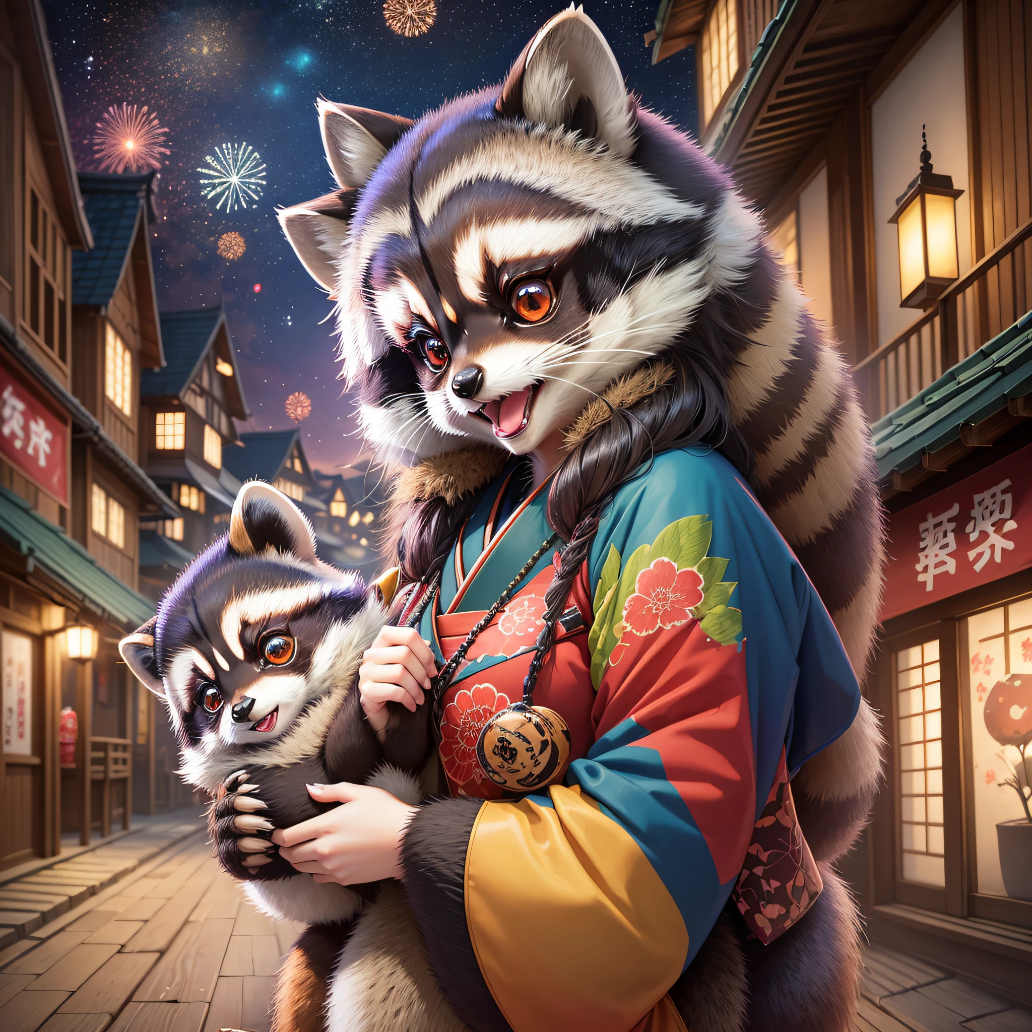 ((Masterpiece)), top quality, super detailed, high resolution, anthropomorphic tanuki (cute female raccoon: 1.3), traditional Japan clothes, happy and playful, village festive atmosphere, brightly colored decorations, fireworks, starry sky. --auto --s2