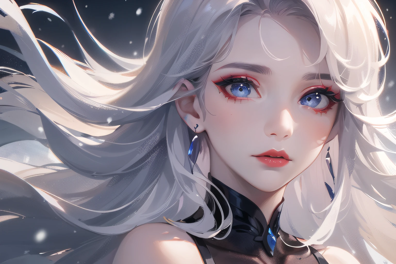 ((realistic)),(1girl),(nailin),painting,(white hair),bare shoulders, chromatic aberration,((fox ears)), ((cinematic light)), (finely detailed face), (portrait), (long, flowing)
, cinematic light, queen,disheveled hair, pastel colours, muted color,(enchanting:1),bestquality,(hair floating),(extremely beautiful detailed blue eyes),((red eyeshadow)),(closeup),long eyelashes,closed mouth,dynamic angle,
,intricate detail, fairy,red eyeliner,((red makeup)),masterpiece,collarbone,an extremely delicate and beautiful girl,(Winter snow),(long hair flowing with the wind),snow,from side,night,looking at camera